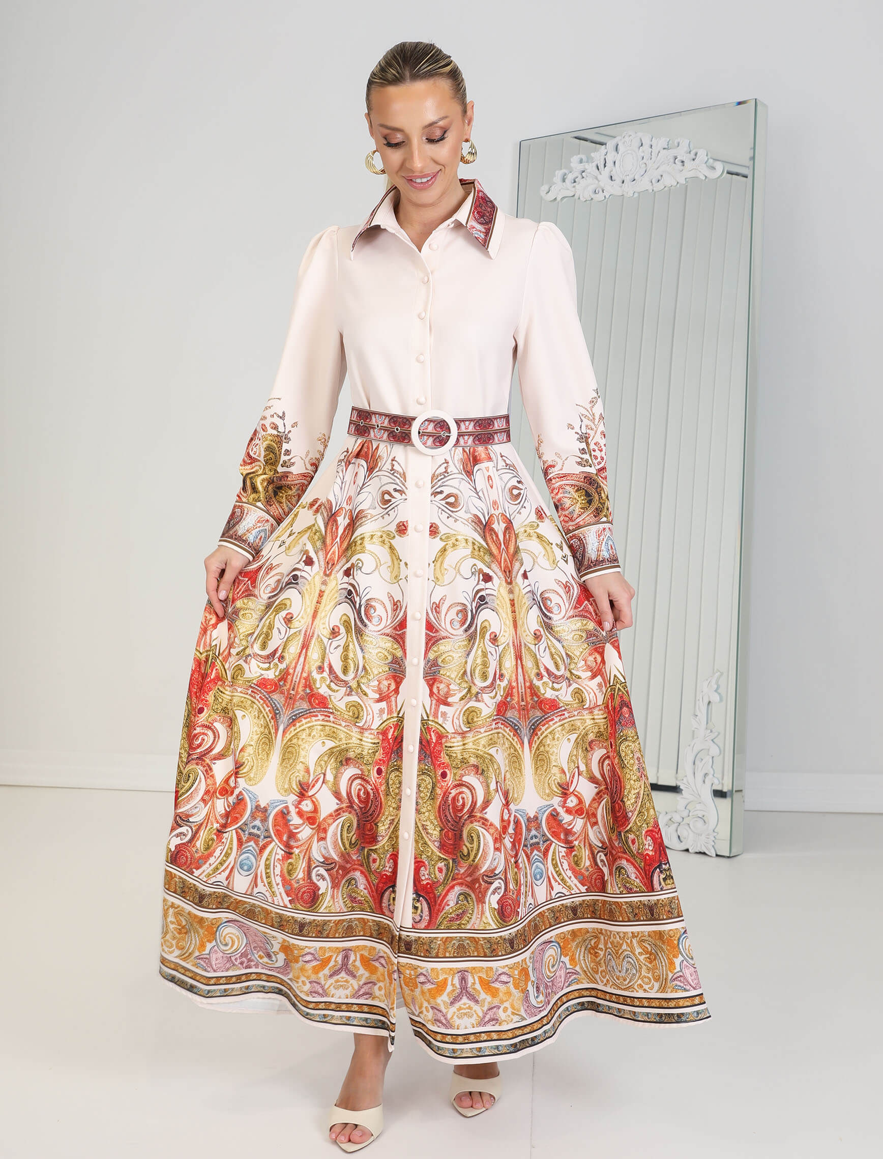 Bej Şal Desen Elbise - Görsel 2