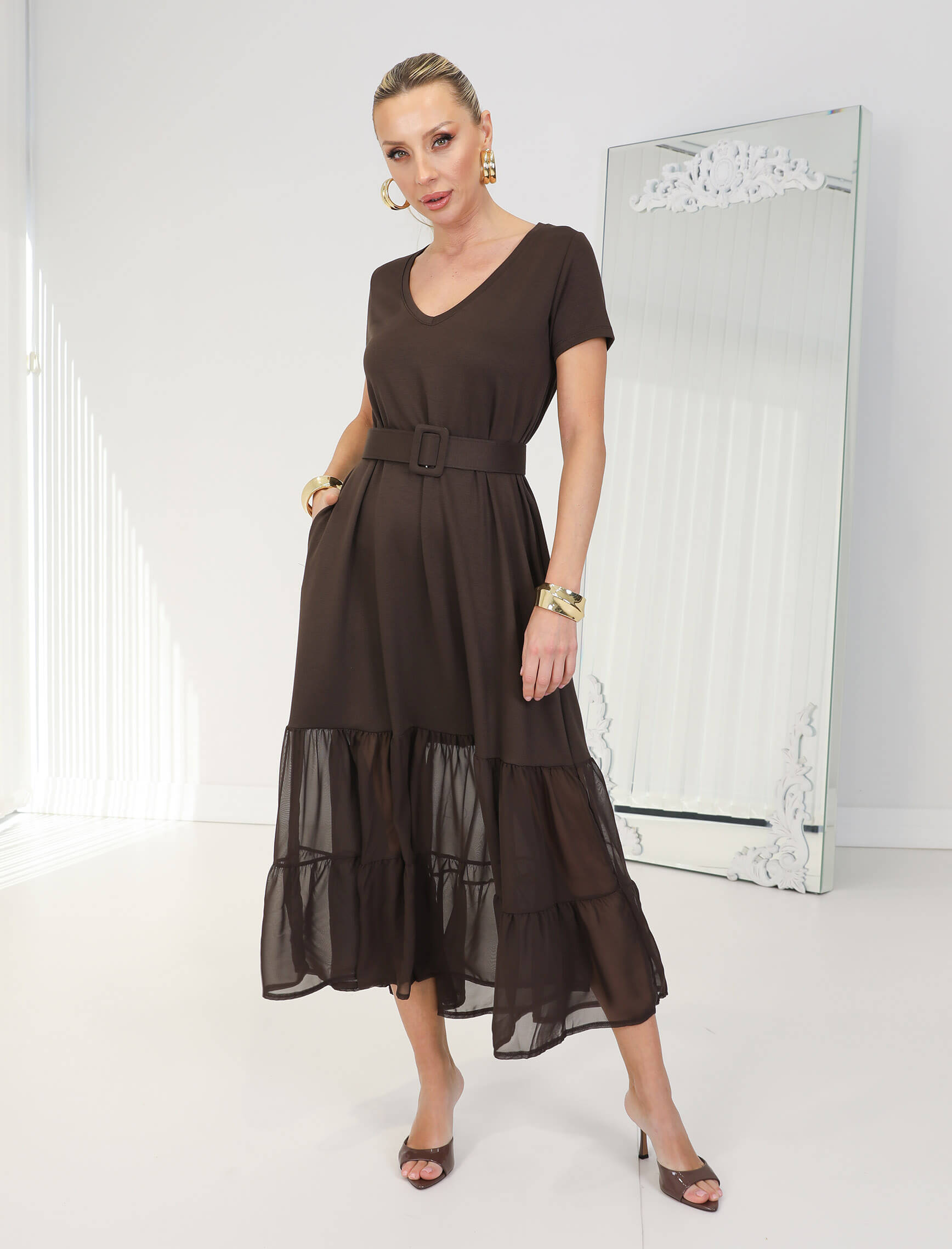 Kahverengi Eteği Şifon Nero Elbise