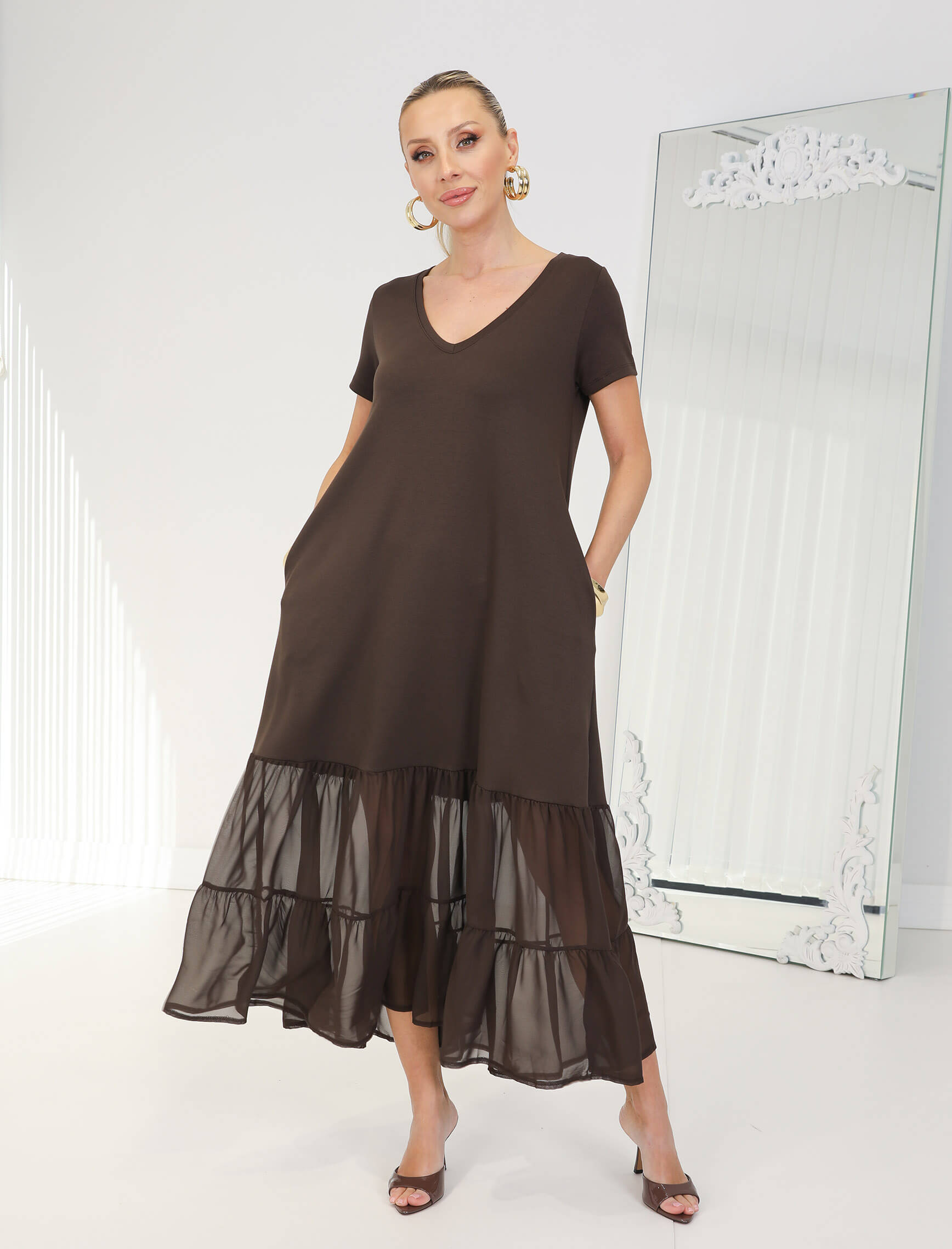 Kahverengi Eteği Şifon Nero Elbise - Görsel 2