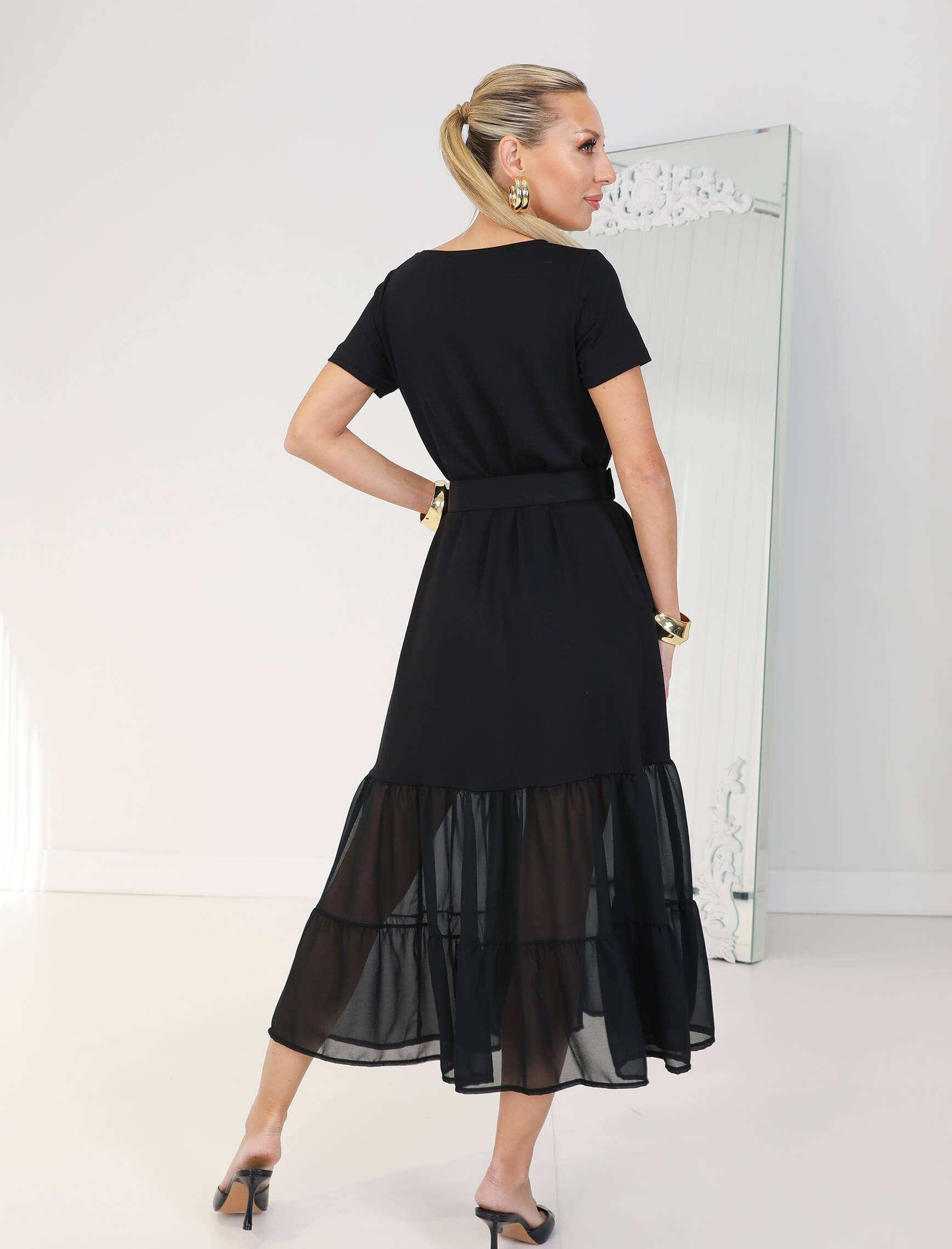Siyah Eteği Şifon Nero Elbise - Görsel 5