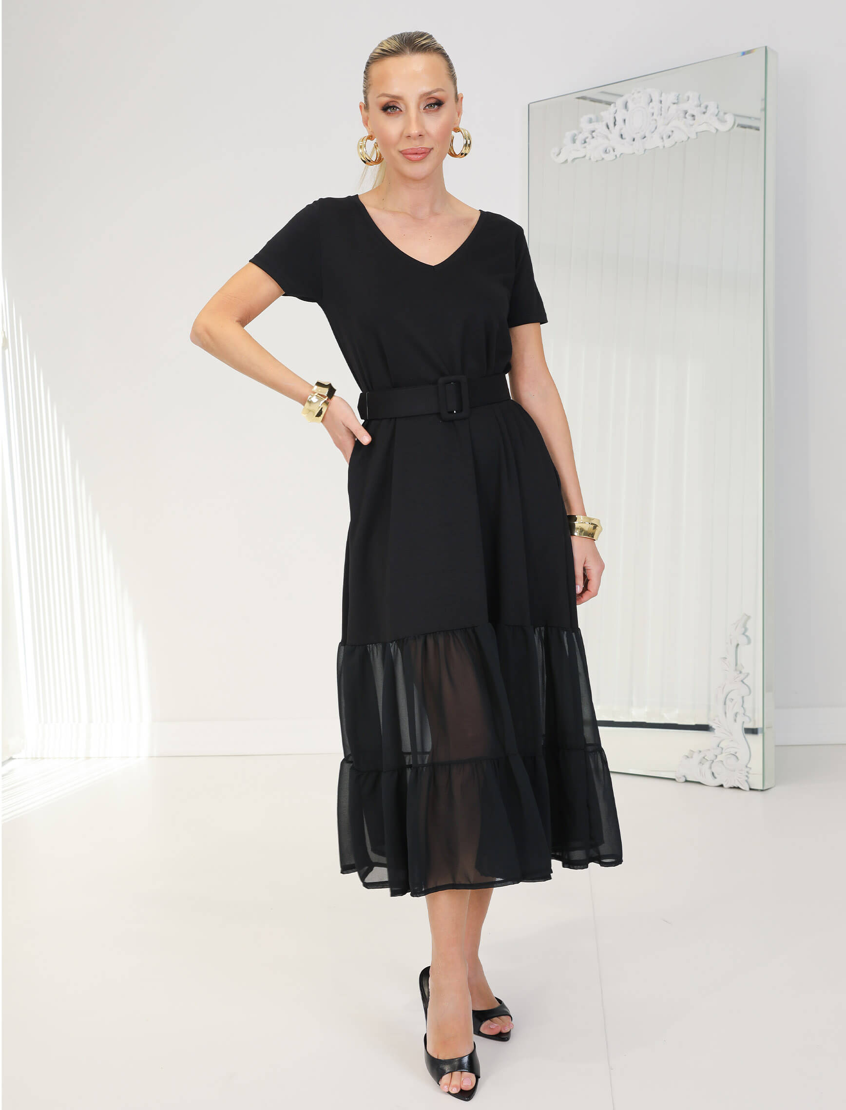 Siyah Eteği Şifon Nero Elbise - Görsel 4