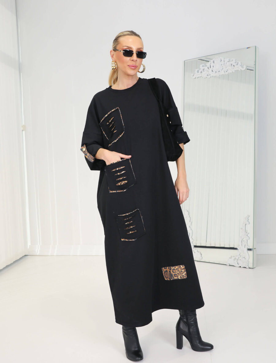 Siyah Leopar Garni Elbise