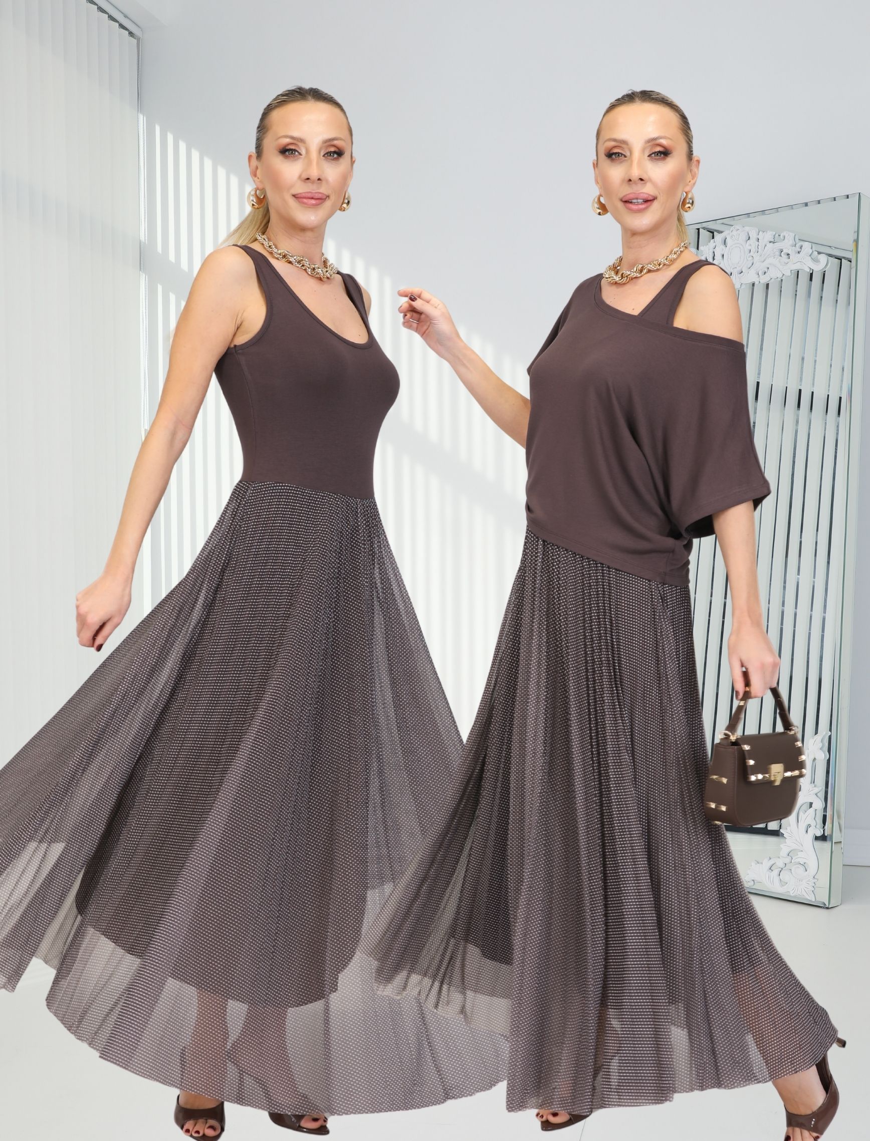 Badem Kahve Puantiye İkili Lunares Elbise