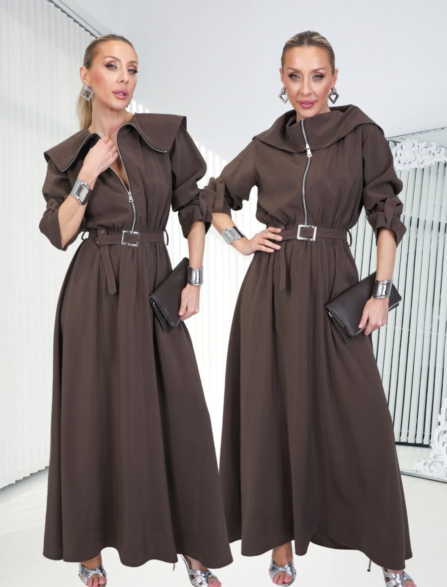 Badem Kahve Fermuar Cremallera Elbise