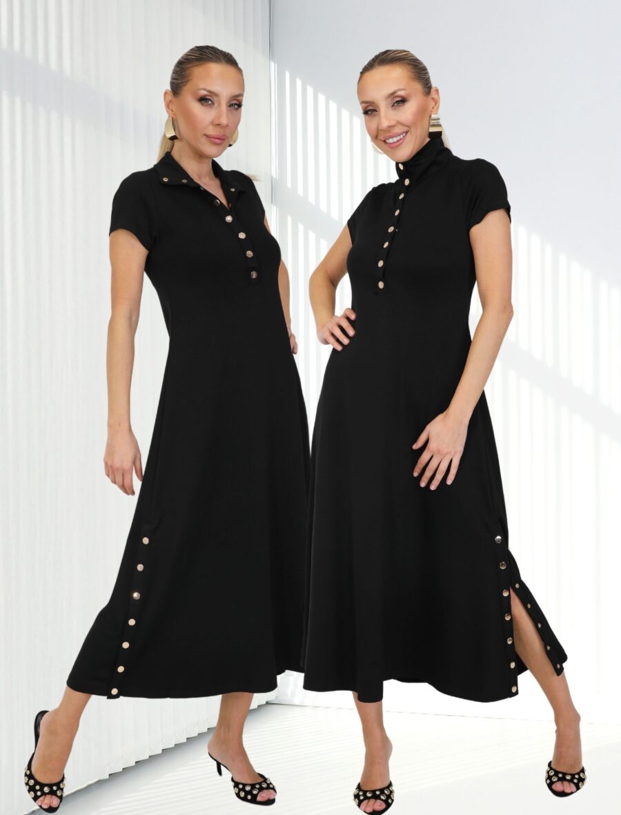 Siyah Çıtçıt Kısa Kol Alora Elbise