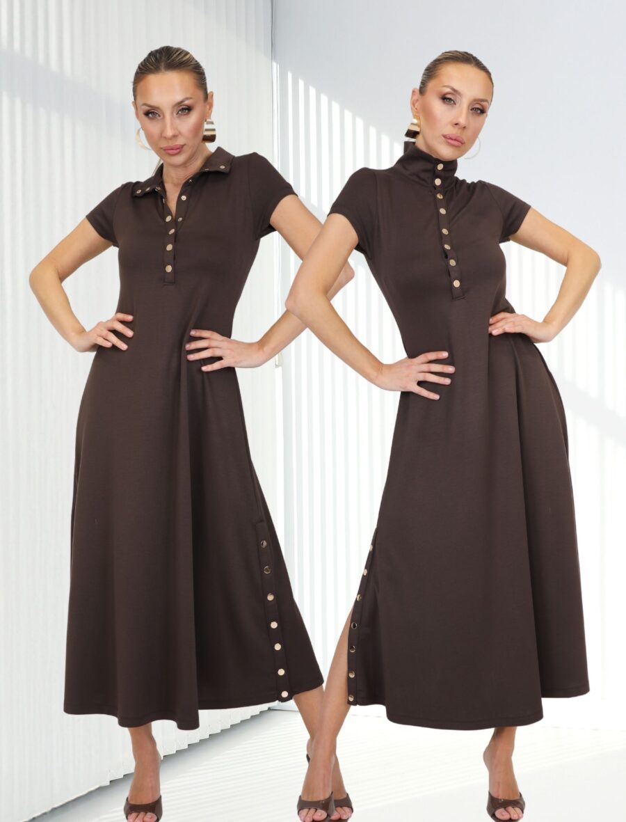 Kahve Çıtçıt Kısa Kol Alora Elbise