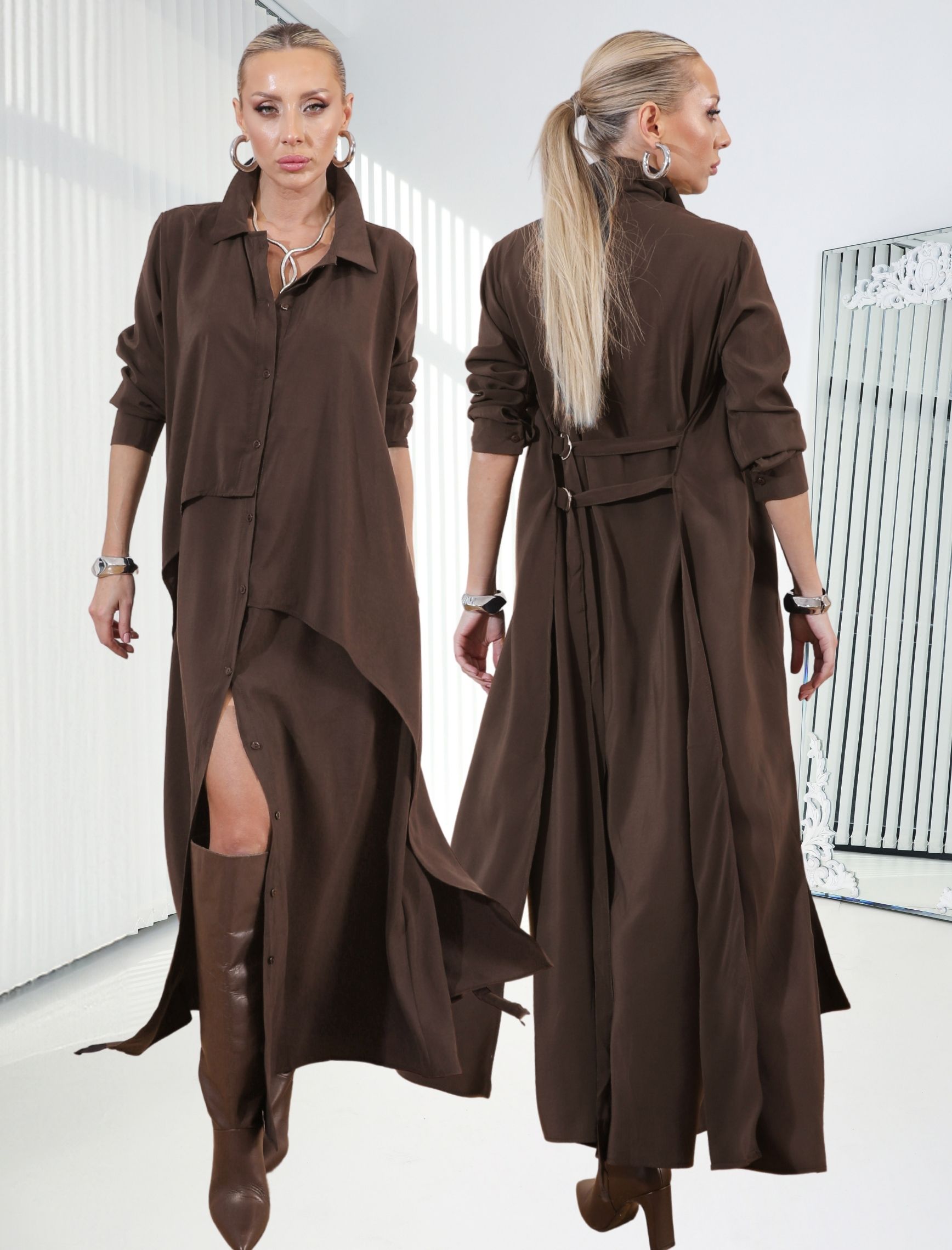 Kahverengi  Vestido Gömlek Elbise