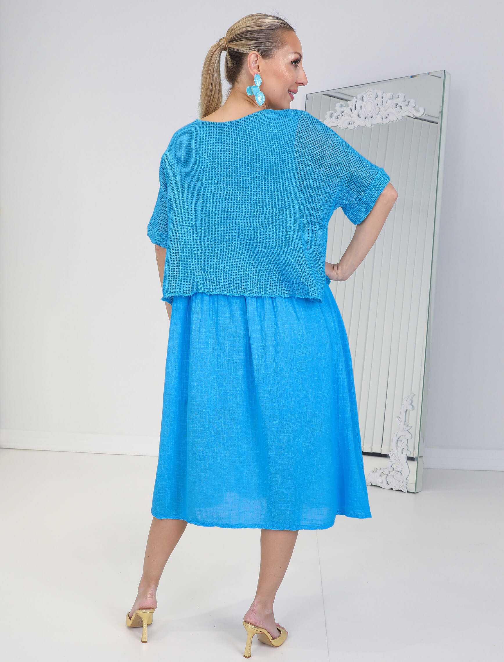 Mavi Linen Elbise - Görsel 3