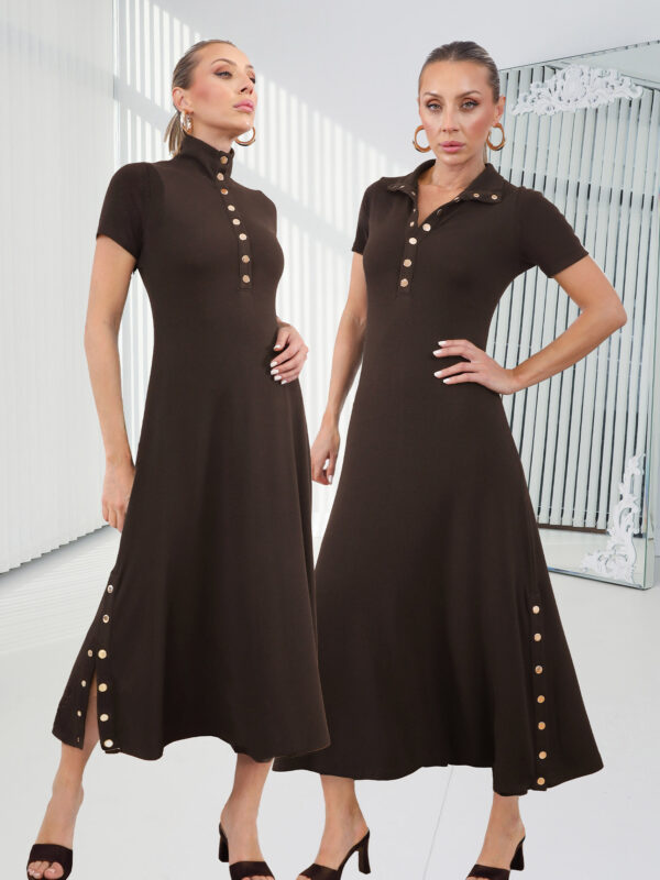 Kahve Çıtçıt Kısa Kol Alora Elbise