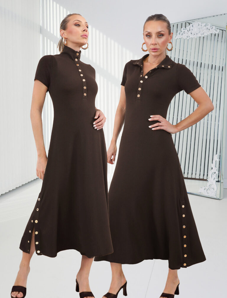 Kahve Çıtçıt Kısa Kol Alora Elbise