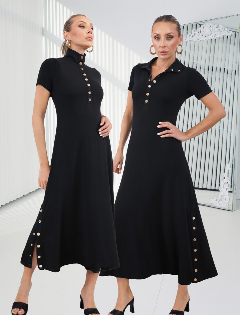 Siyah Çıtçıt Kısa Kol Alora Elbise