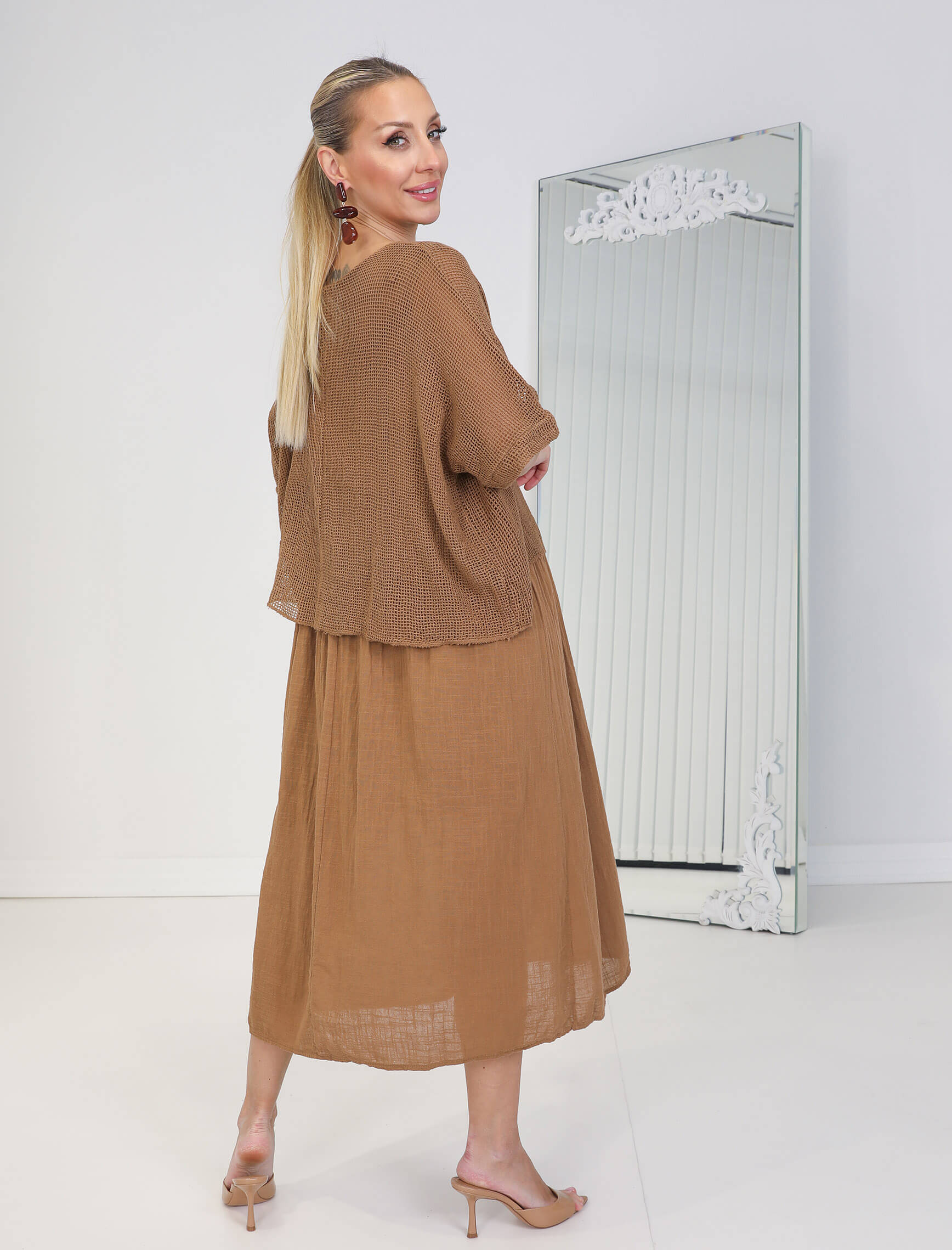 Kahverengi Linen Elbise - Görsel 6