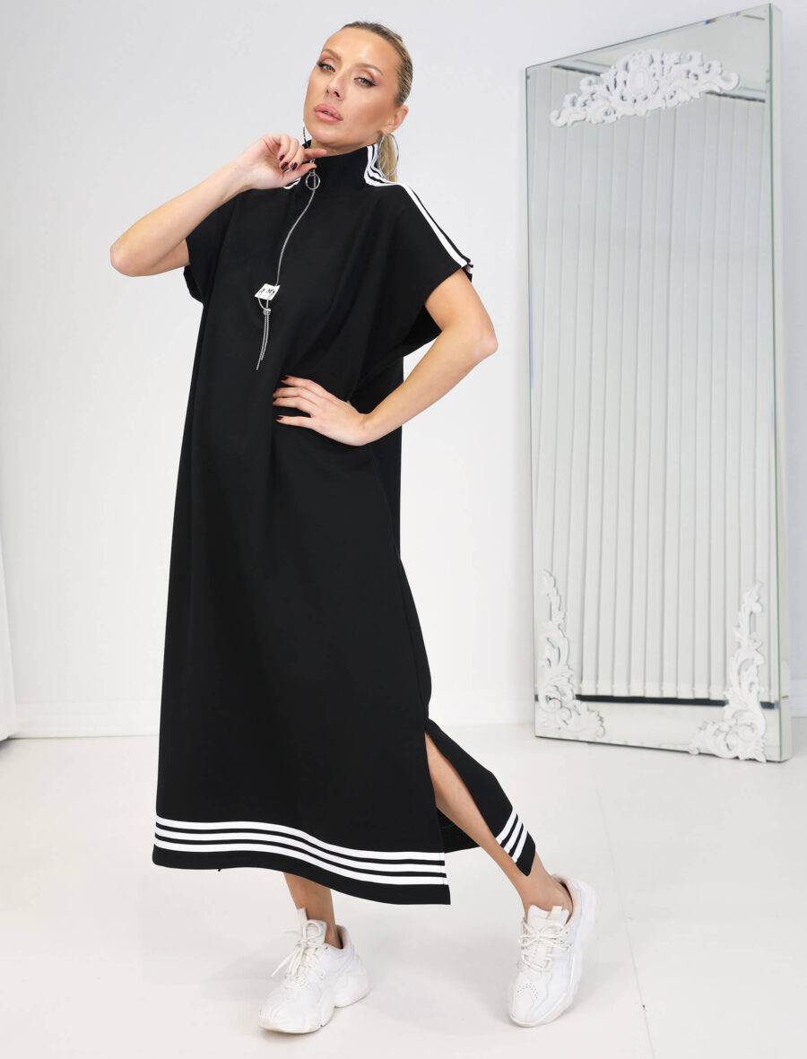 Siyah 3 Şerit Biye Kolsuz Spor Elbise