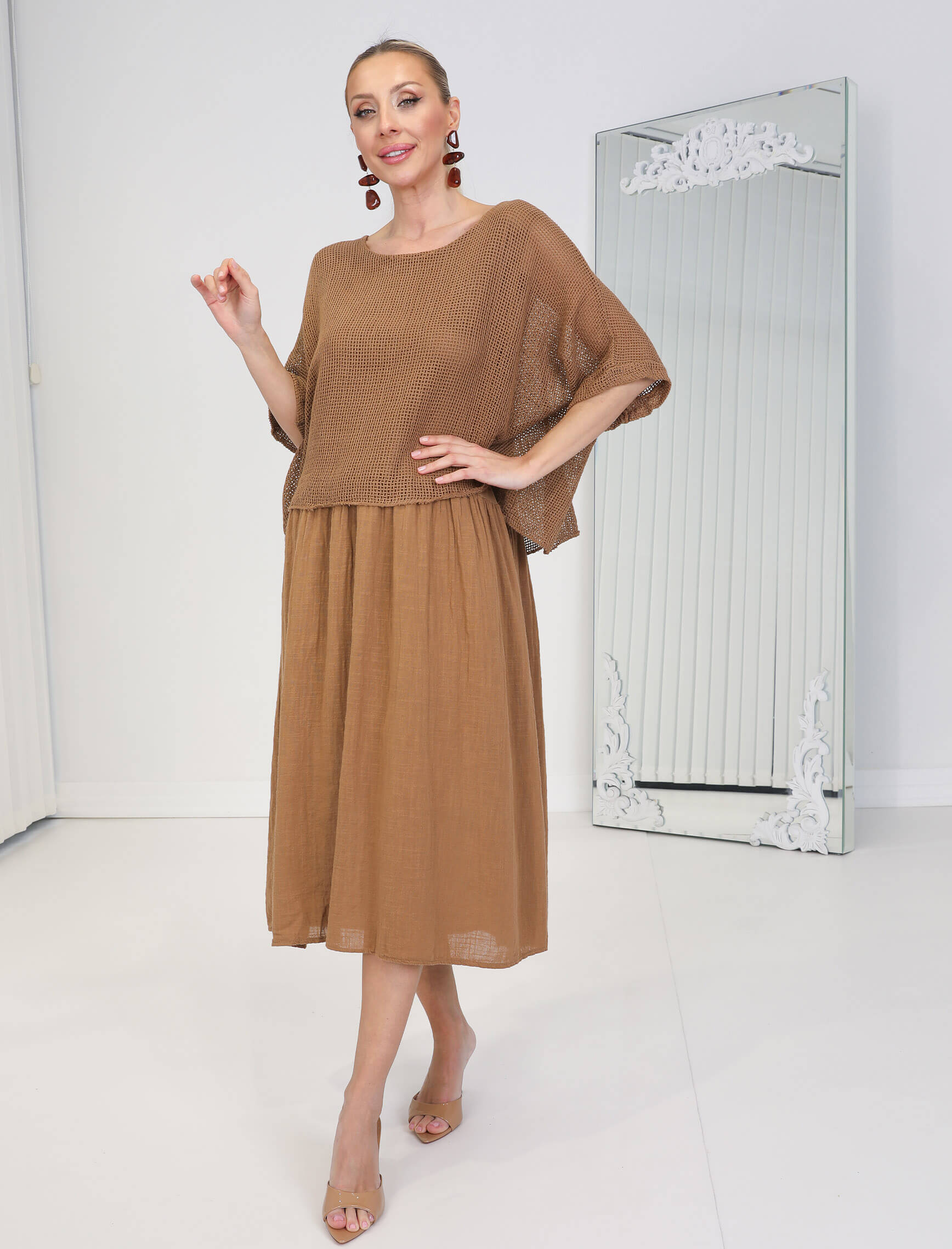 Kahverengi Linen Elbise - Görsel 5