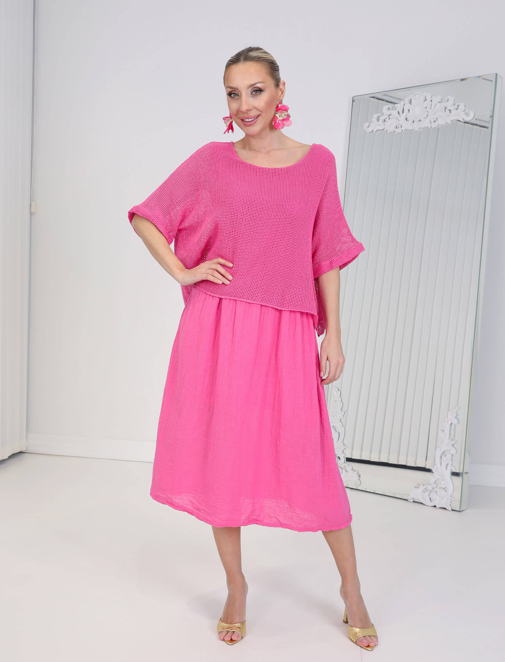 Fuşya File Linen Elbise