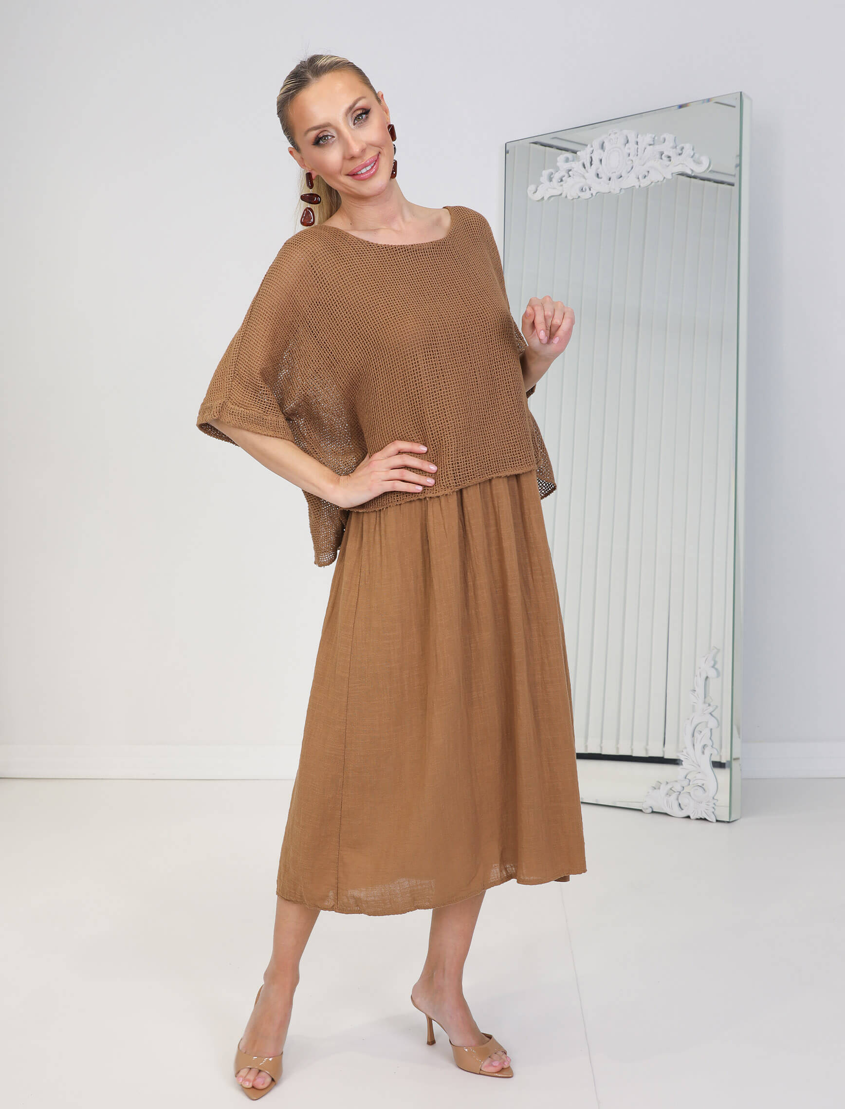 Kahverengi Linen Elbise - Görsel 4