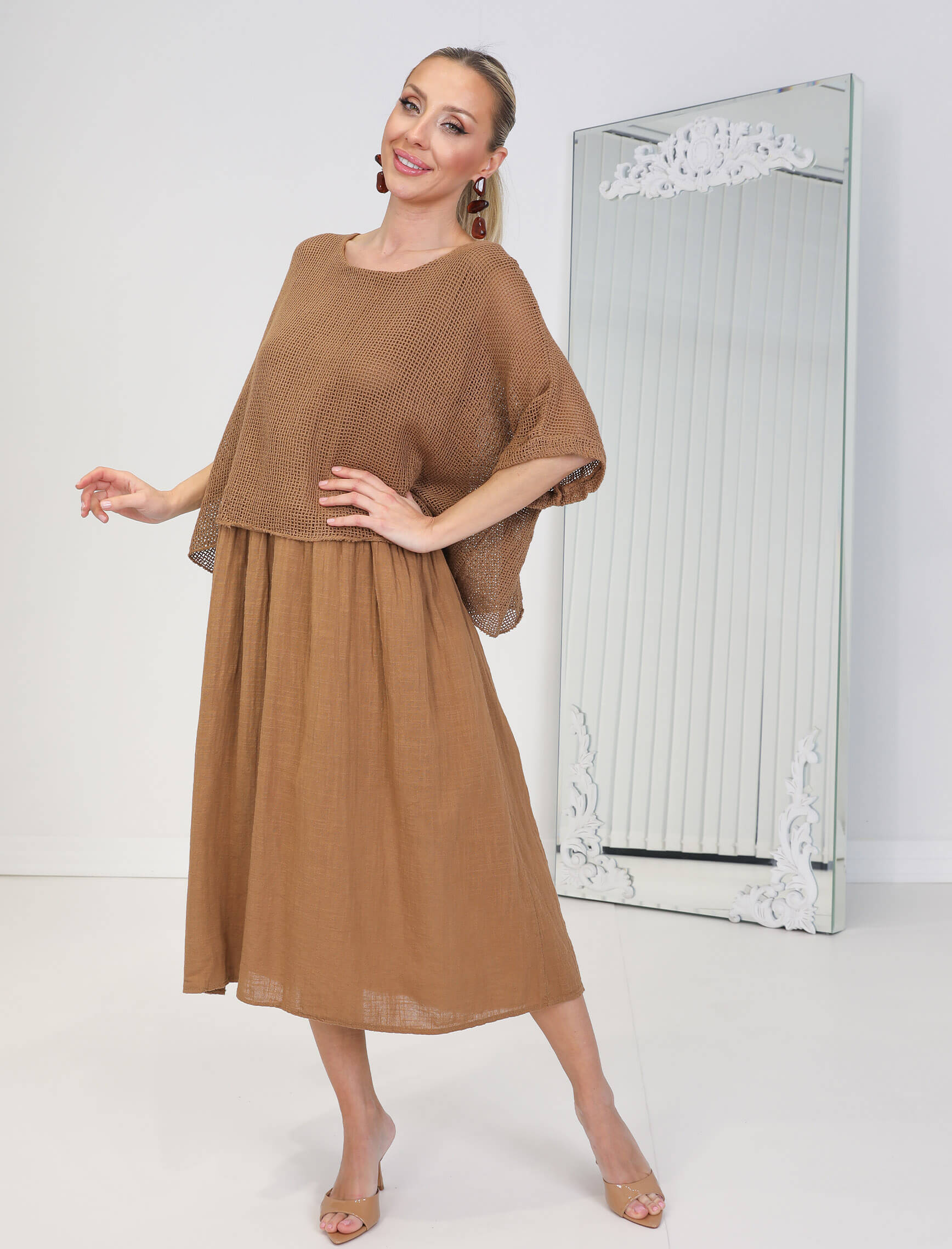 Kahverengi Linen Elbise - Görsel 3