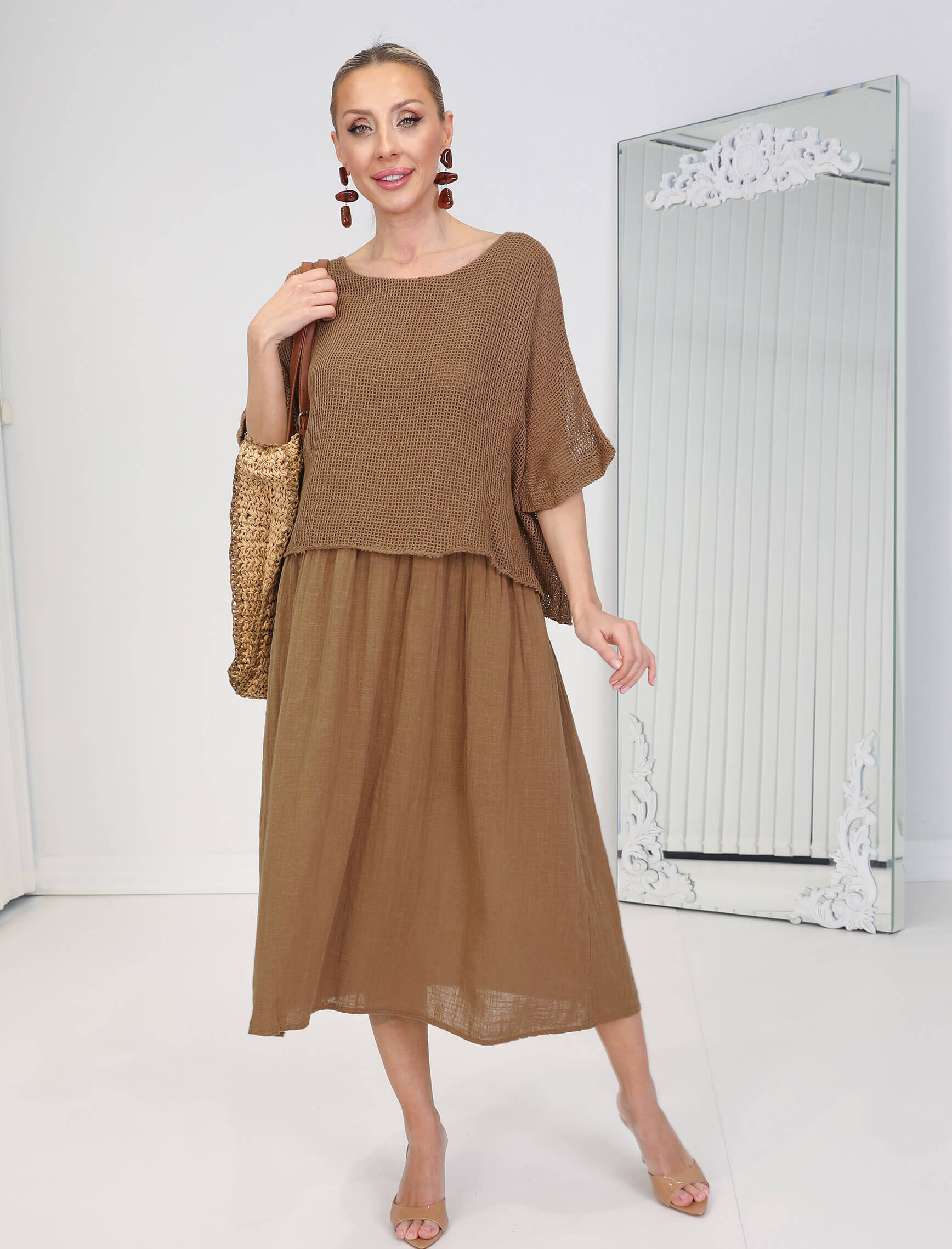 Kahverengi Linen Elbise