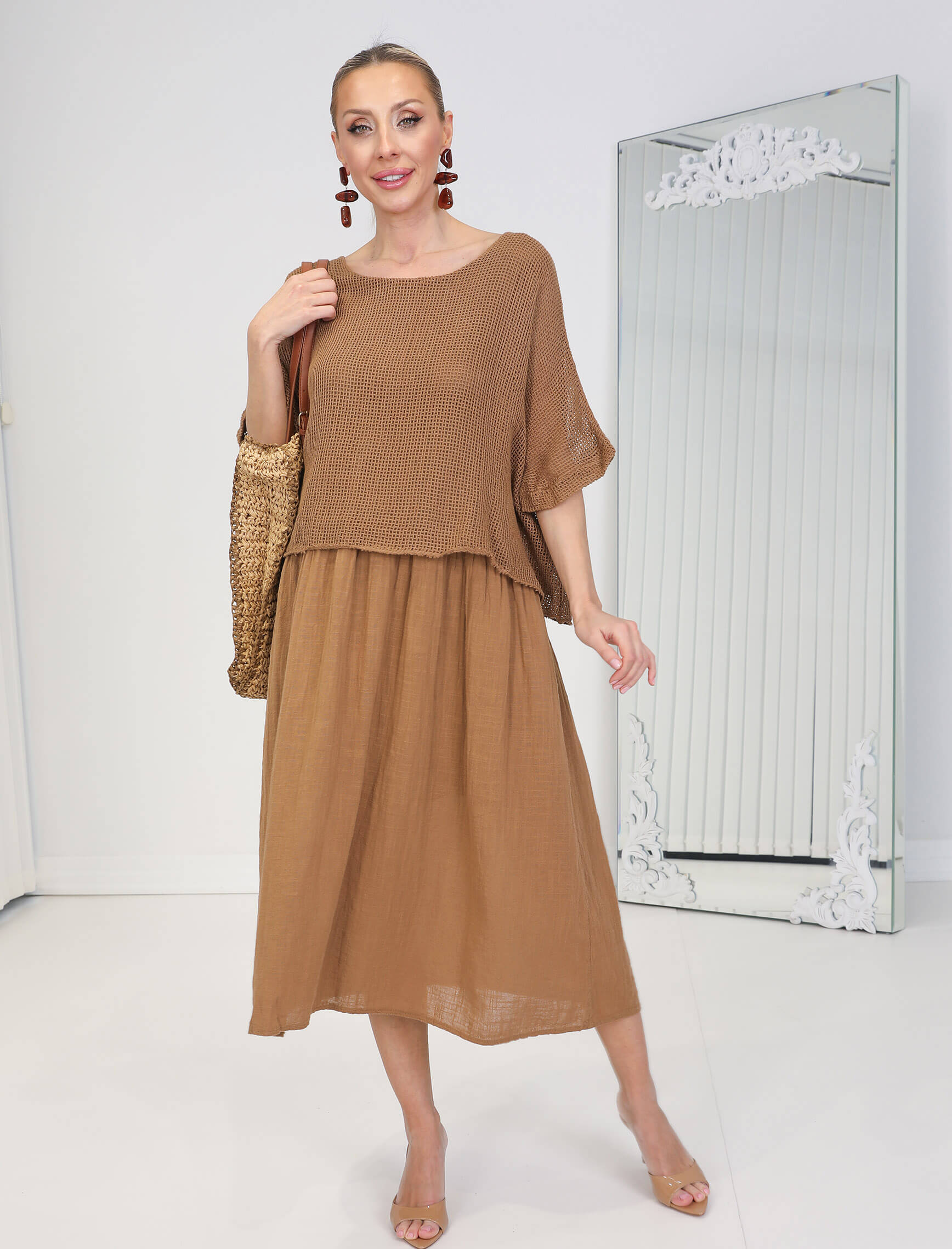 Kahverengi Linen Elbise