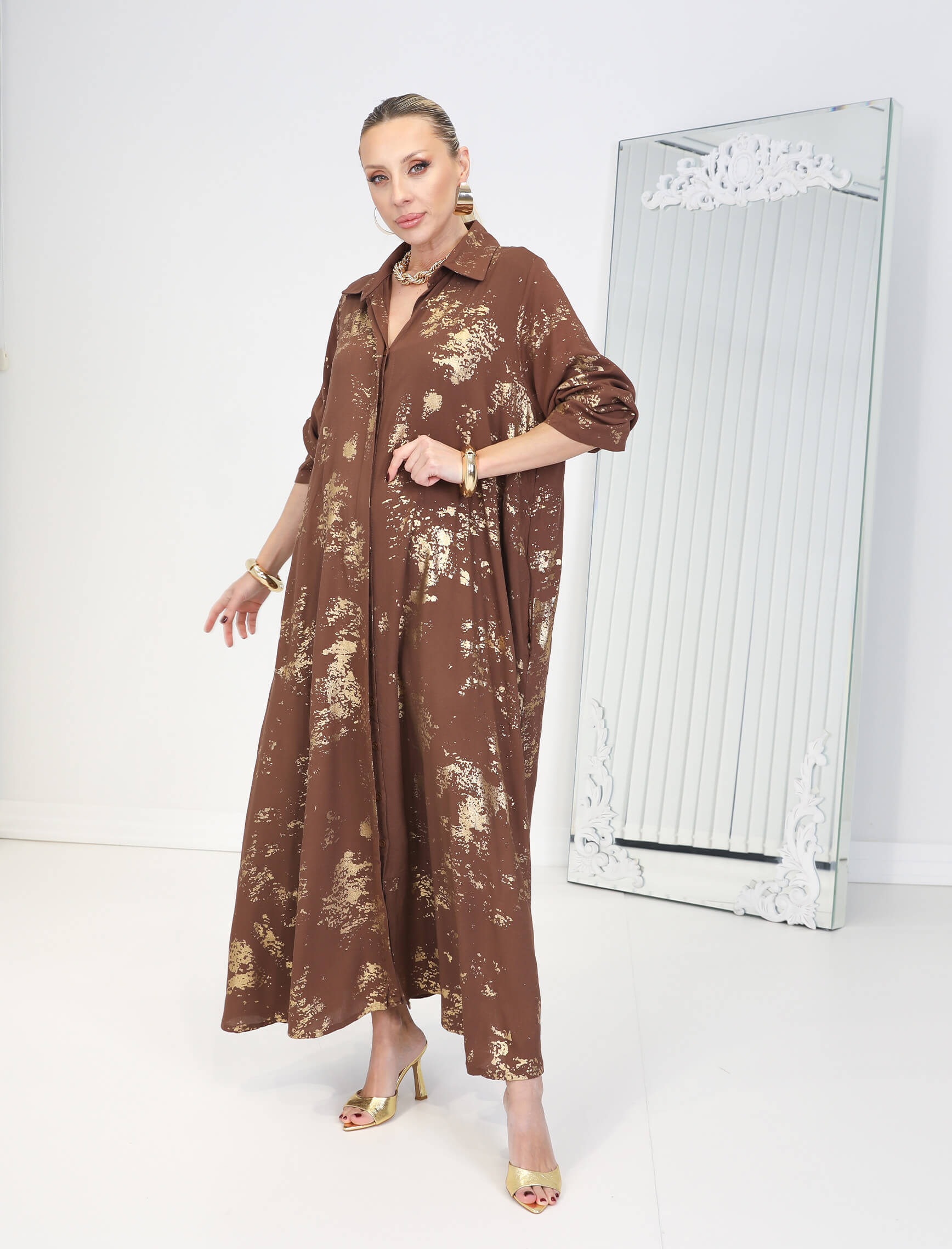 Kahve Gold Laklı Reta Elbise - Görsel 3