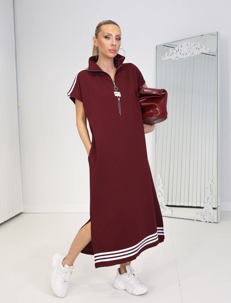 Bordo 3 Şerit Biye Kolsuz Spor Elbise