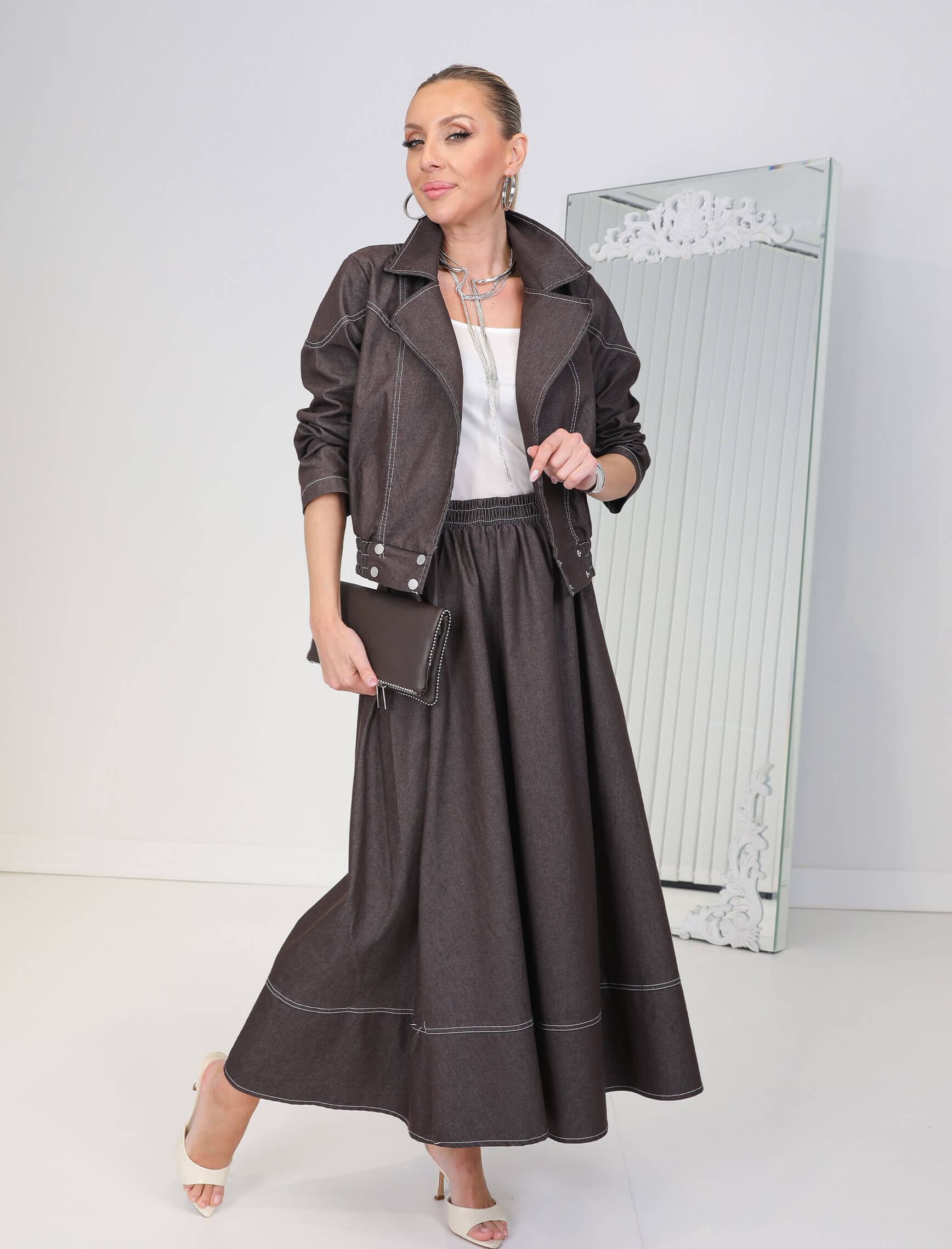 Kahve Jean Etek Ceket Mia Takım - Görsel 2