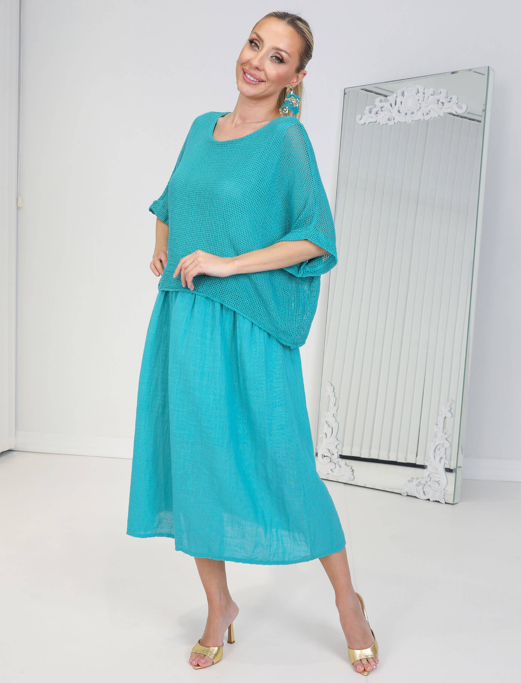 Turkuaz Linen Elbise - Görsel 2