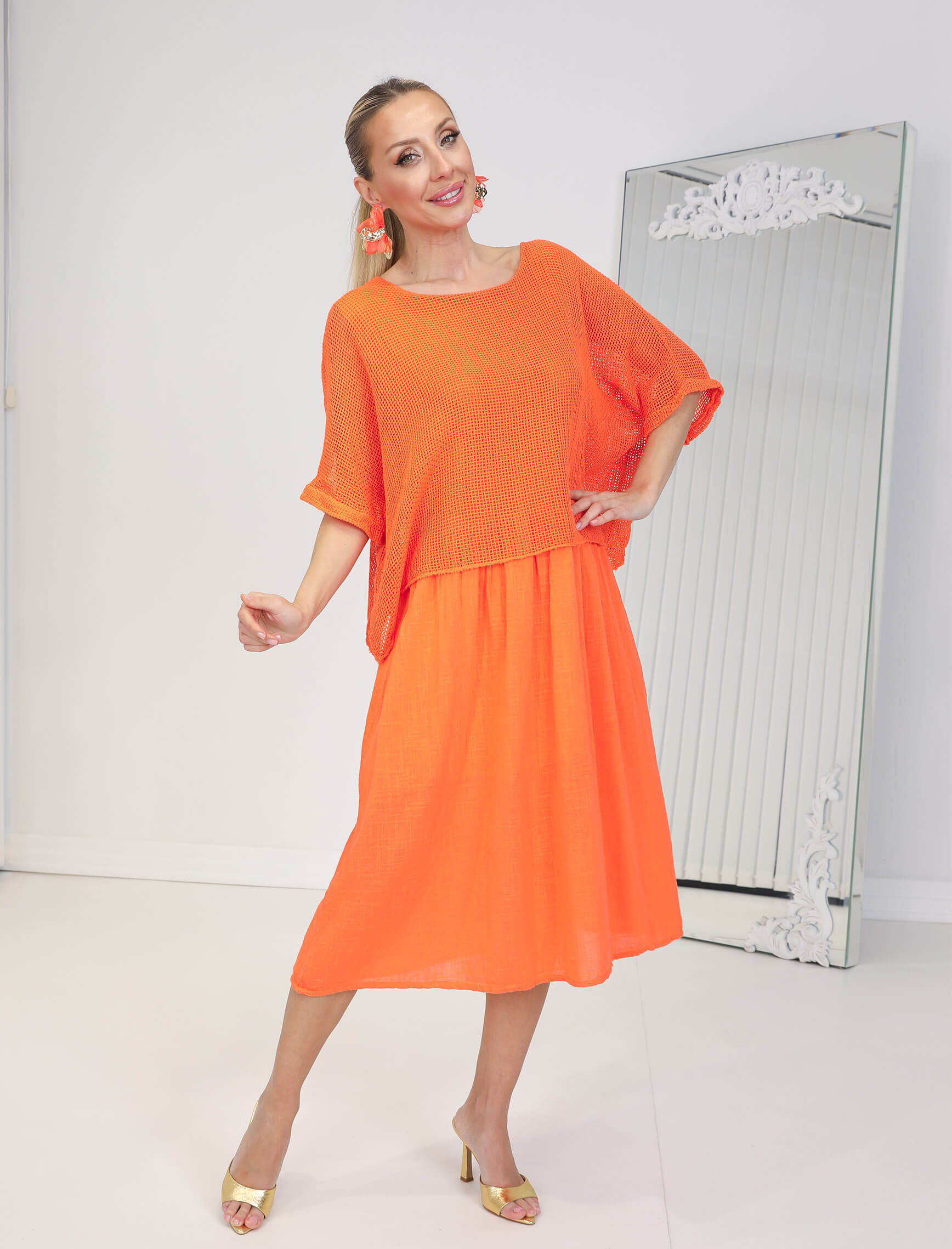 Turuncu Linen Elbise - Görsel 3