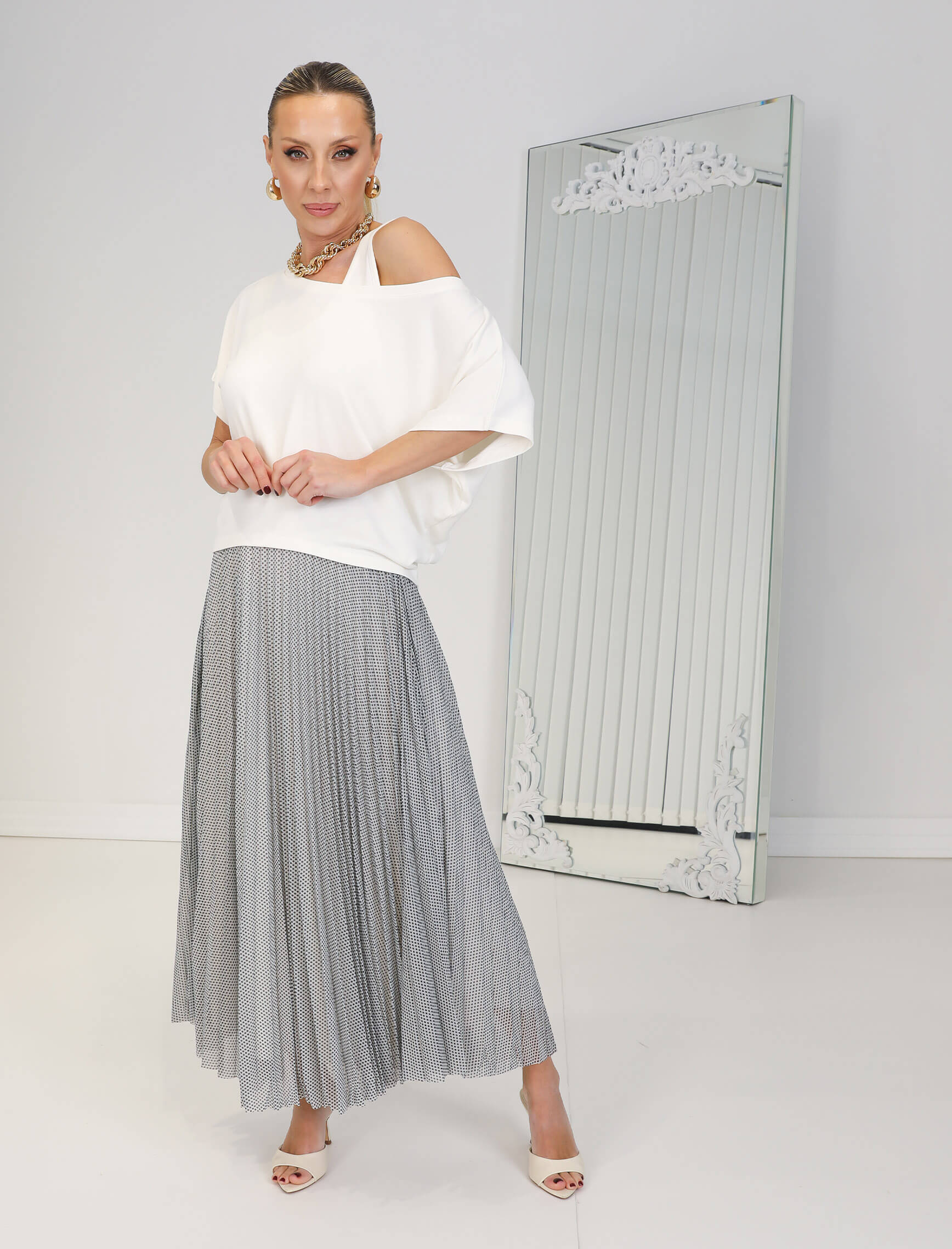 Ekru Puantiye İkili Lunares Elbise - Görsel 7