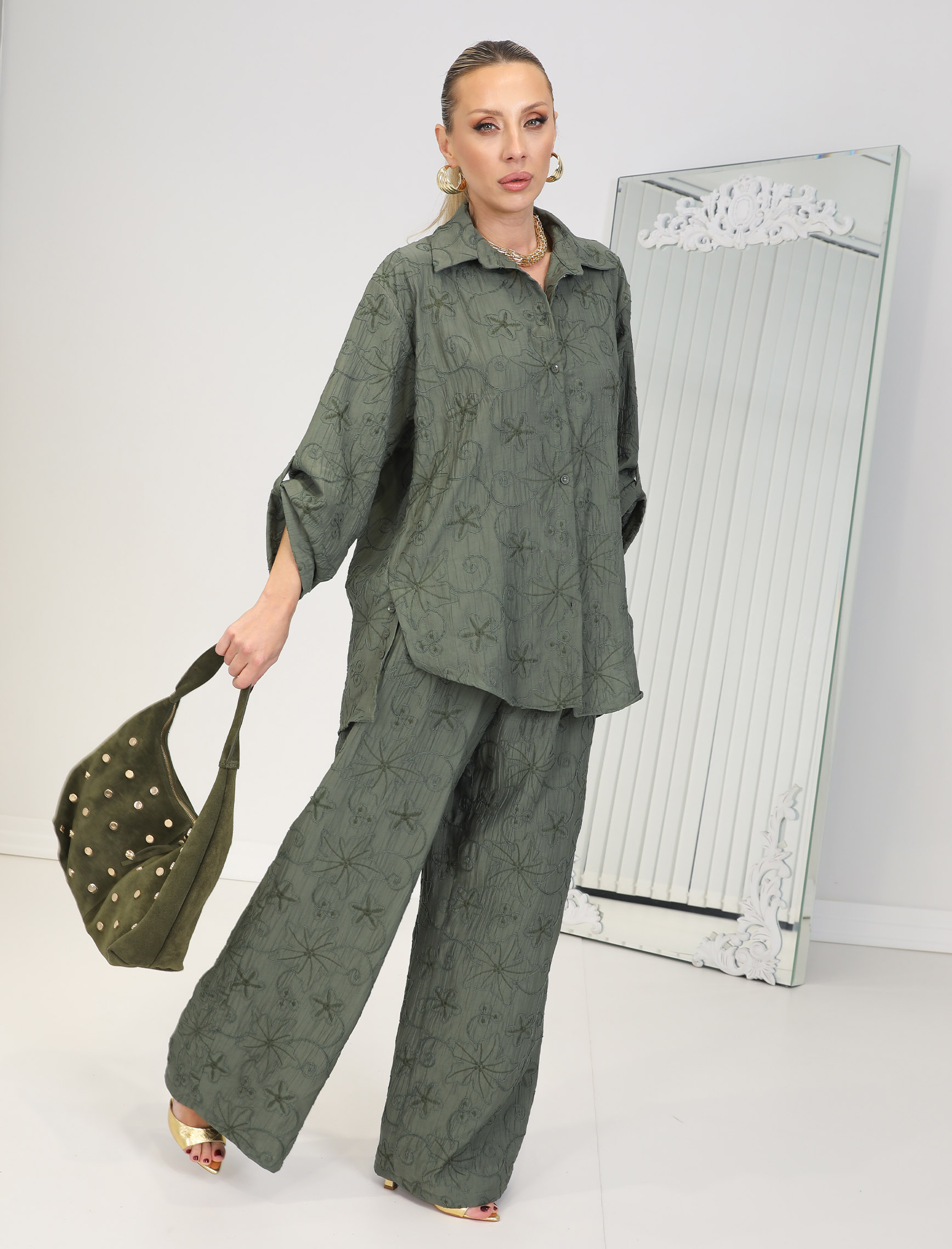 Haki Nakışlı Floral Takım