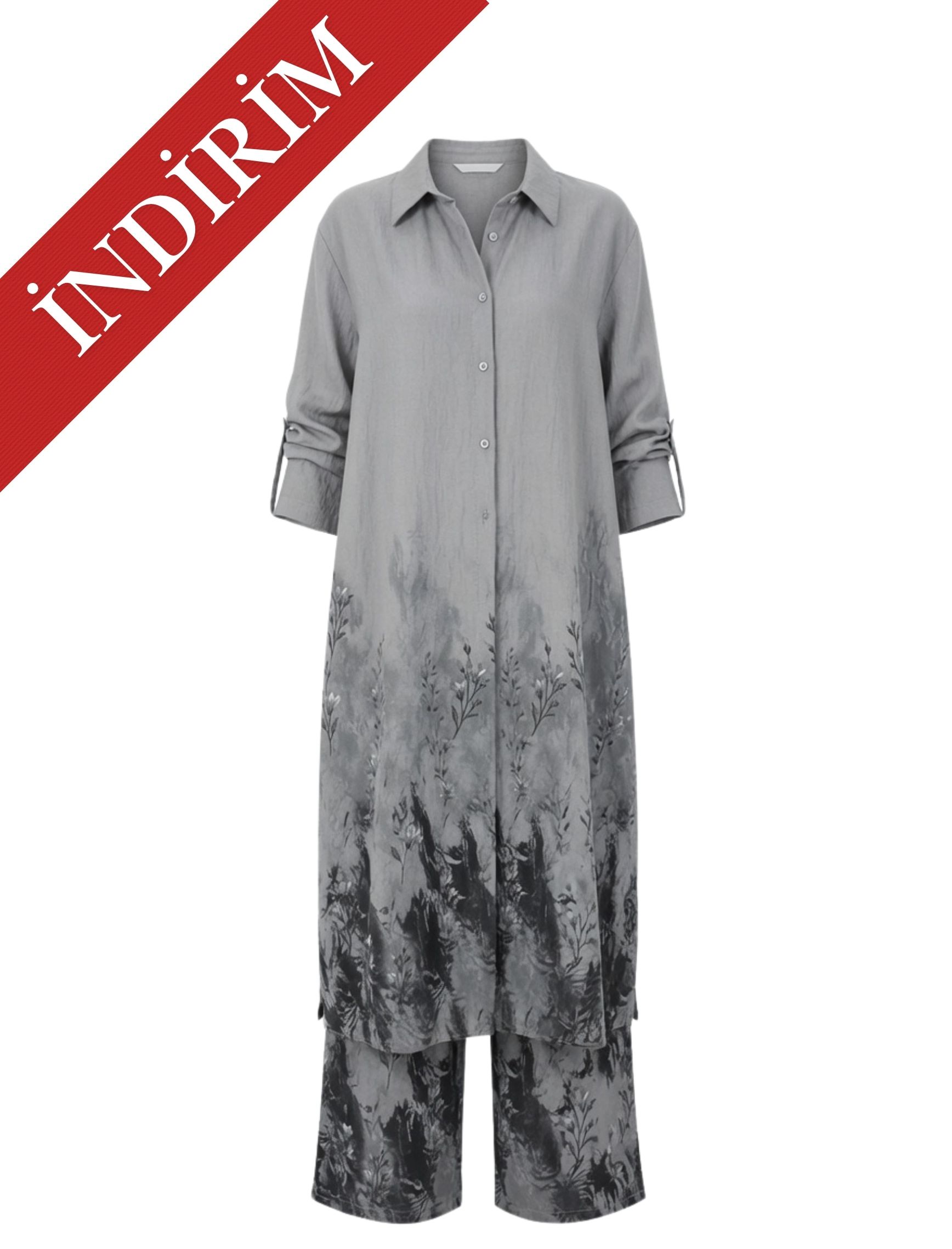 Gri Kiraz Çiçeği Tunik Takım - OUTLET