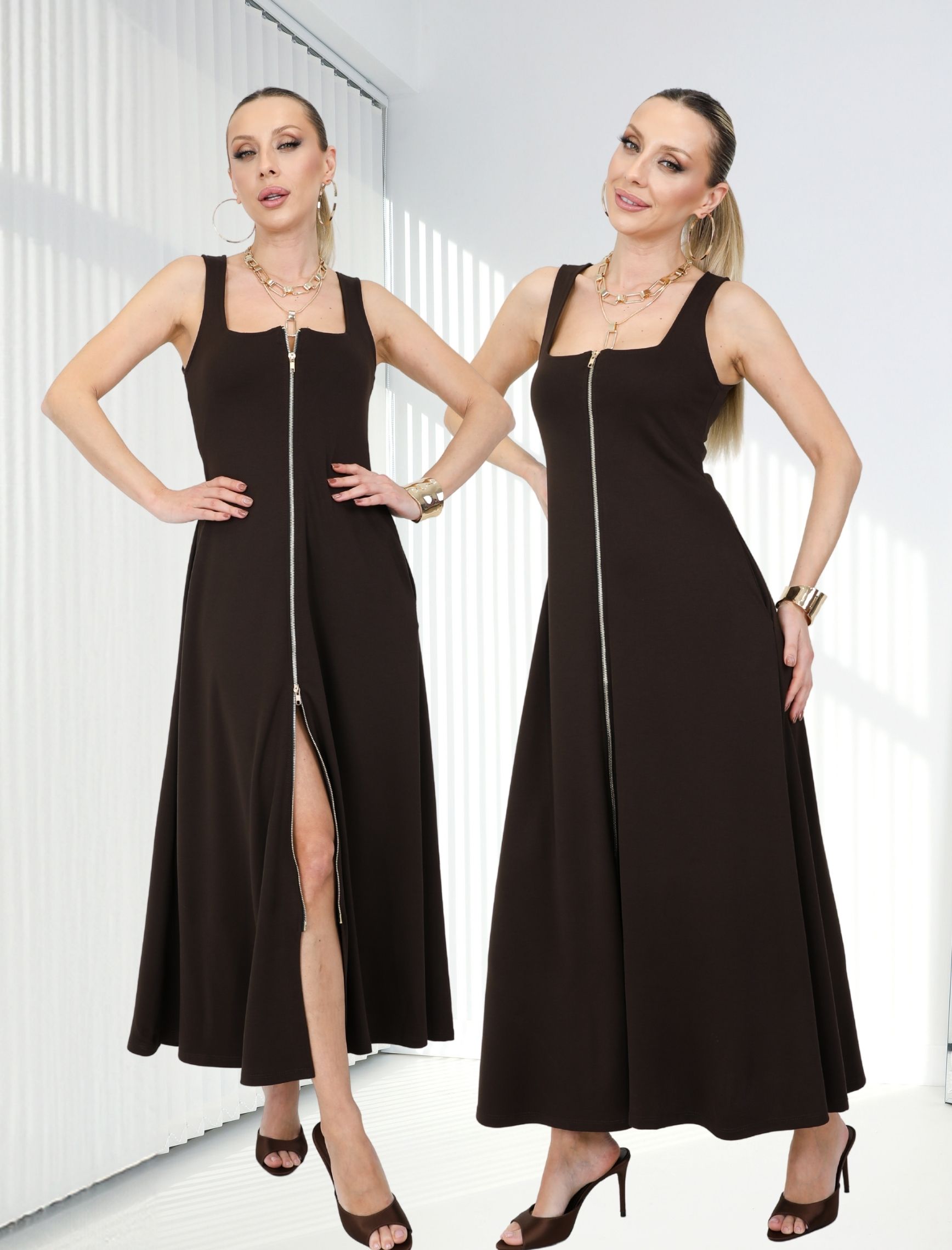 Kahverengi Kare Yaka Melisa Elbise