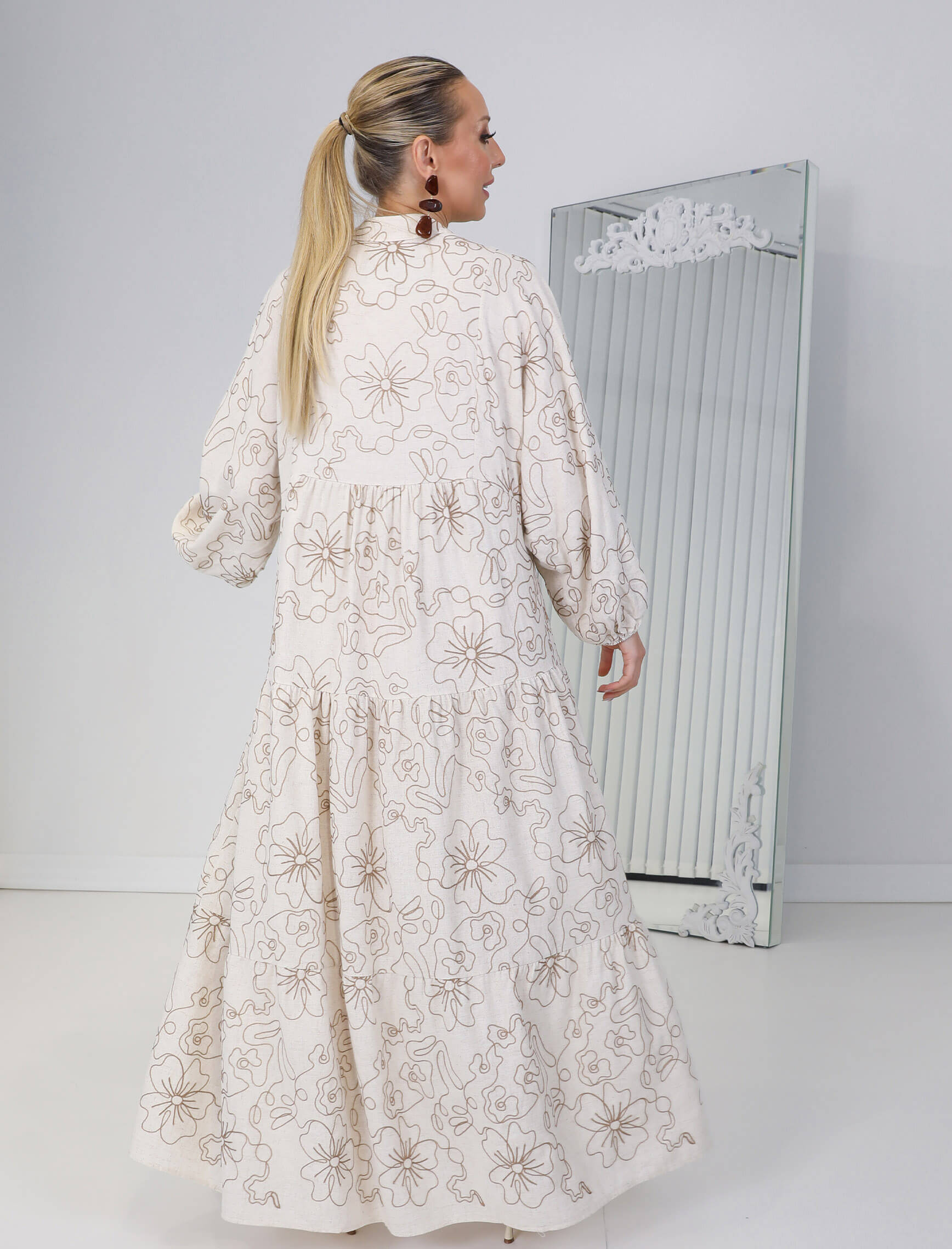 Ekru Çiçek Nakış Sahara Elbise - Görsel 6