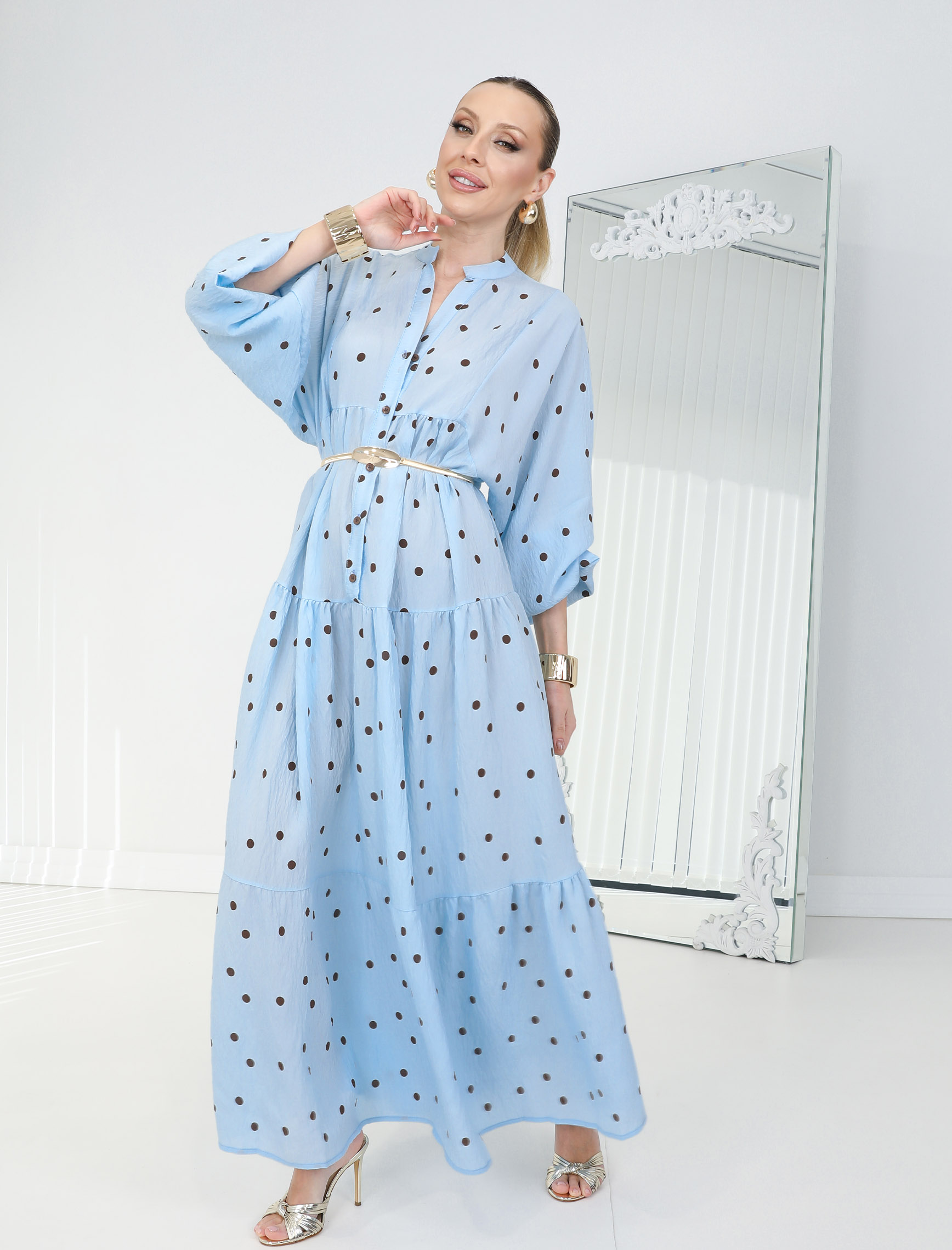 Mavi Kahve Puantiye Rita Elbise