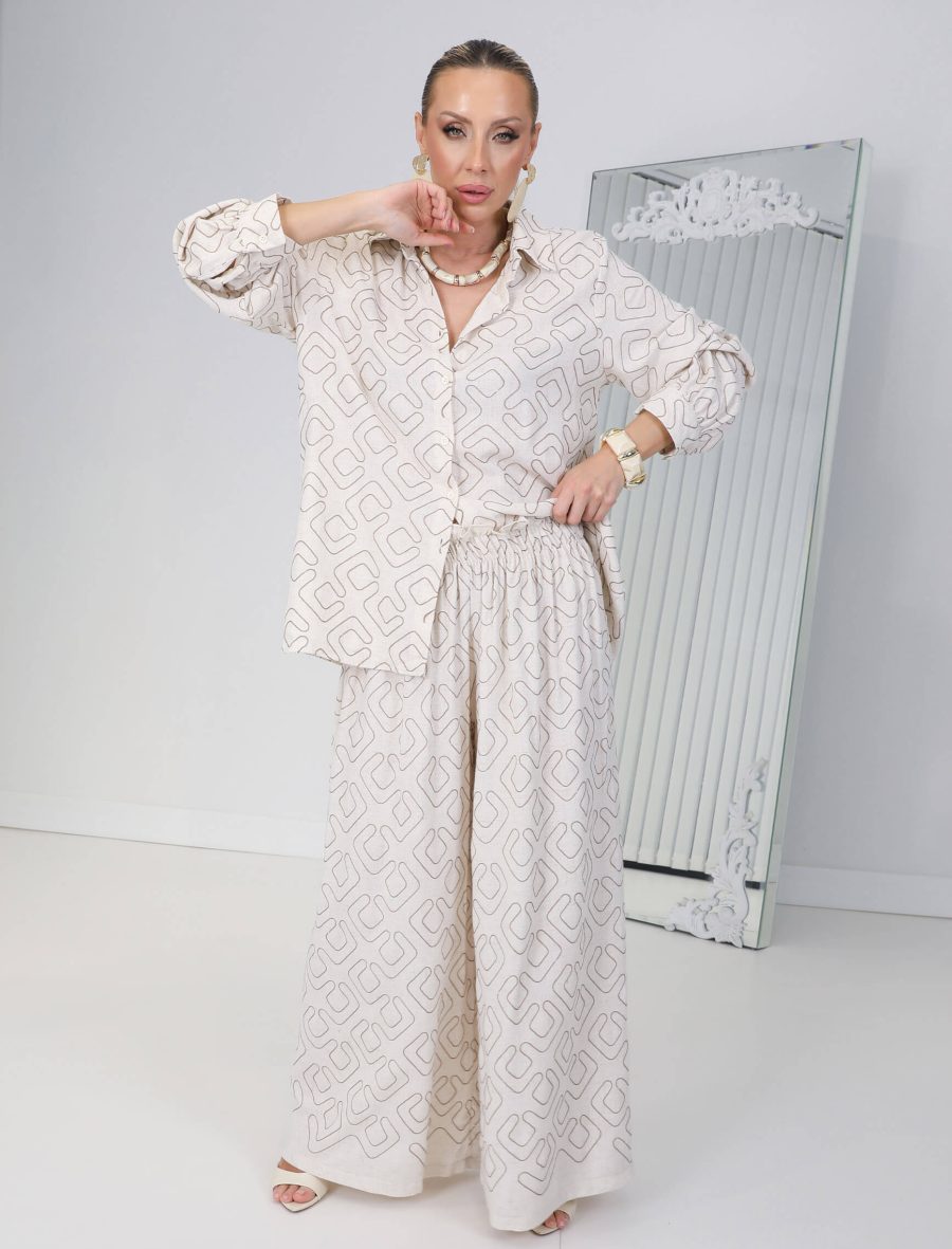 Ekru Çizgi Nakışlı Sahara Takım