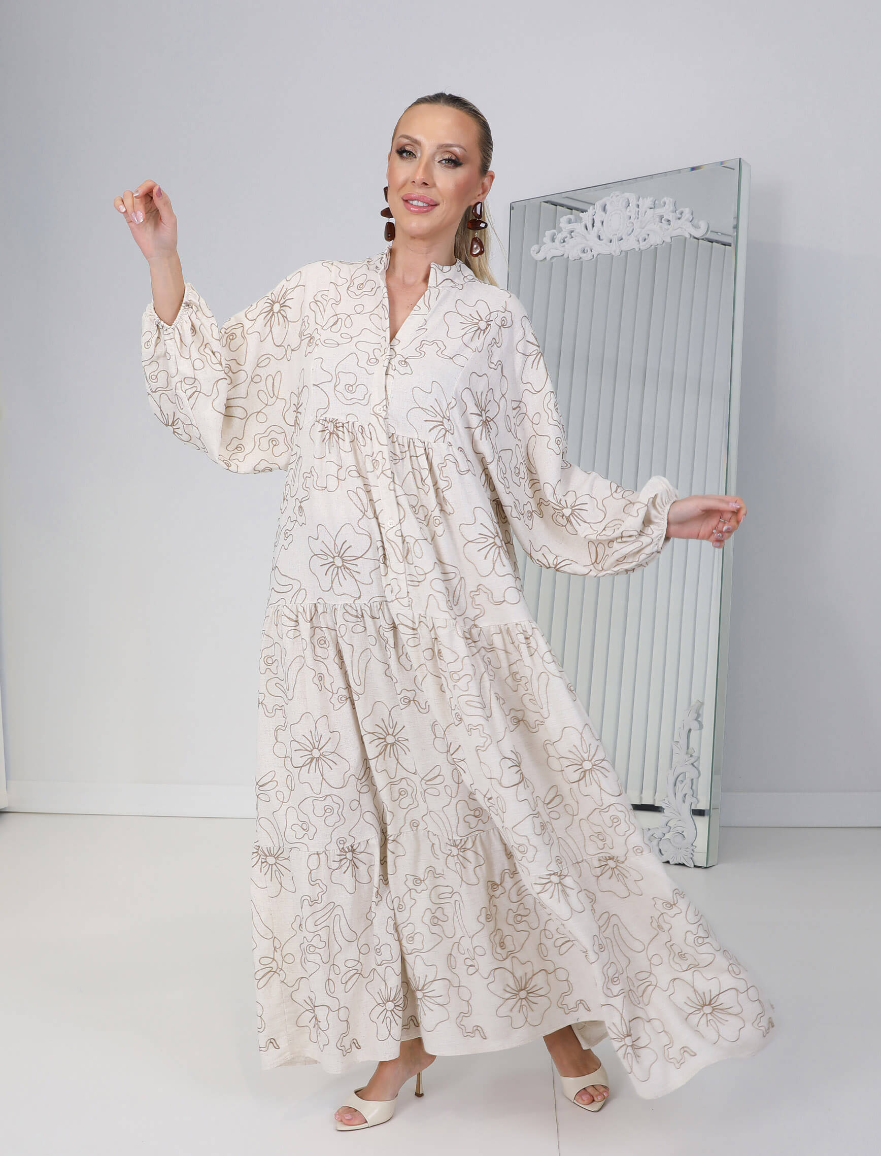 Ekru Çiçek Nakış Sahara Elbise - Görsel 5