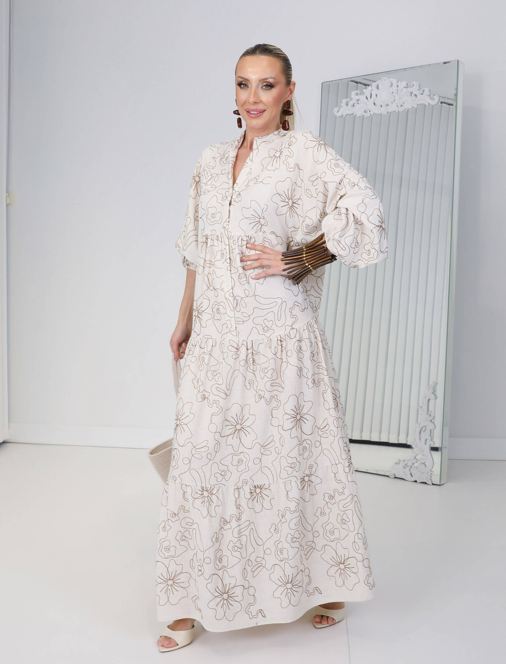 Ekru Çiçek Nakış Sahara Elbise - Görsel 4