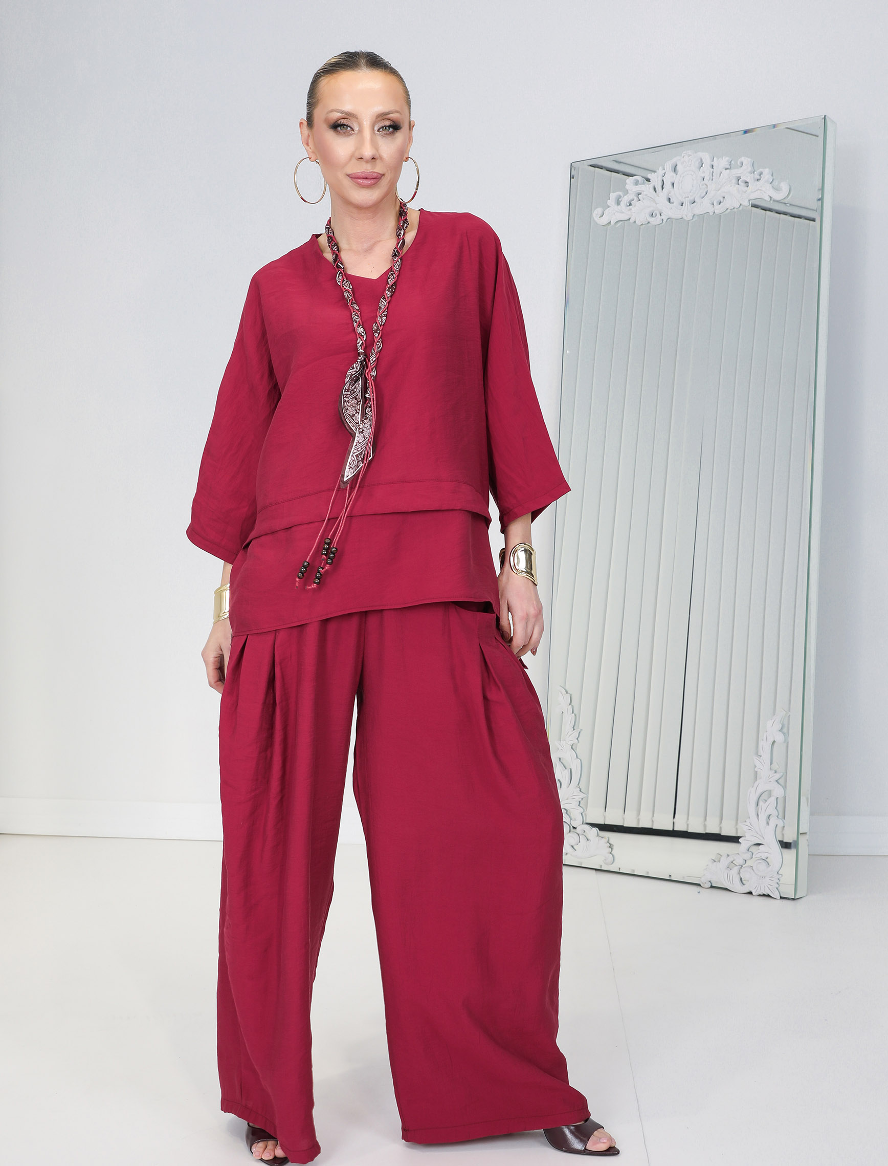 Koyu Kırmızı Şallı Kupra Takım - Görsel 4