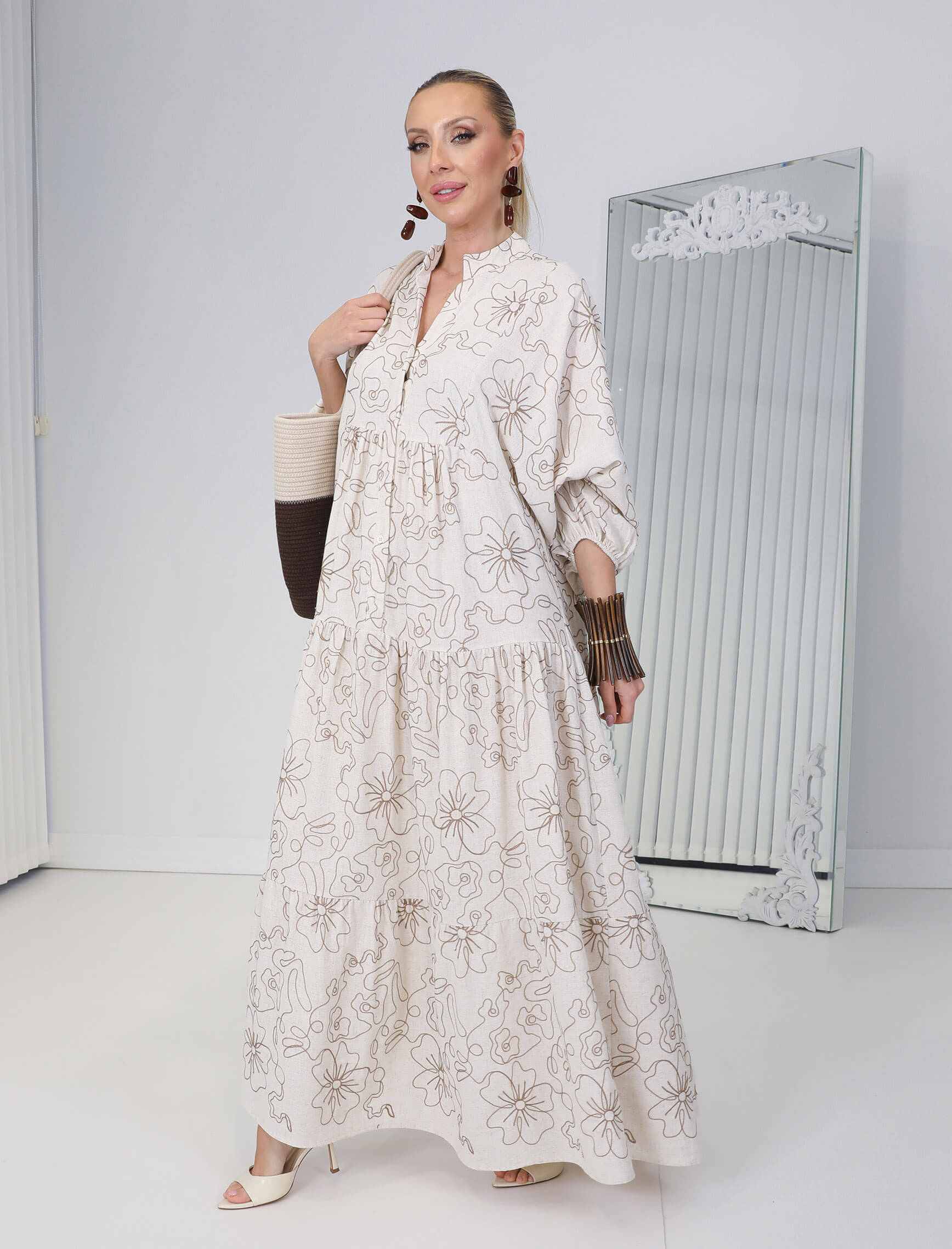 Ekru Çiçek Nakış Sahara Elbise