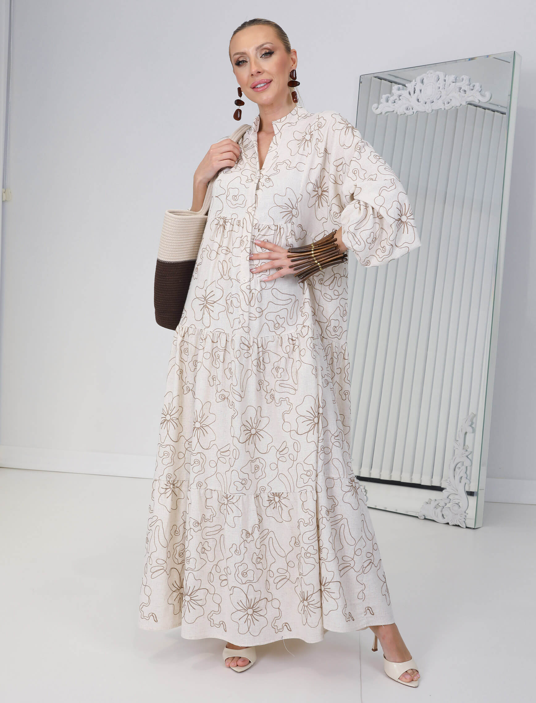 Ekru Çiçek Nakış Sahara Elbise - Görsel 2