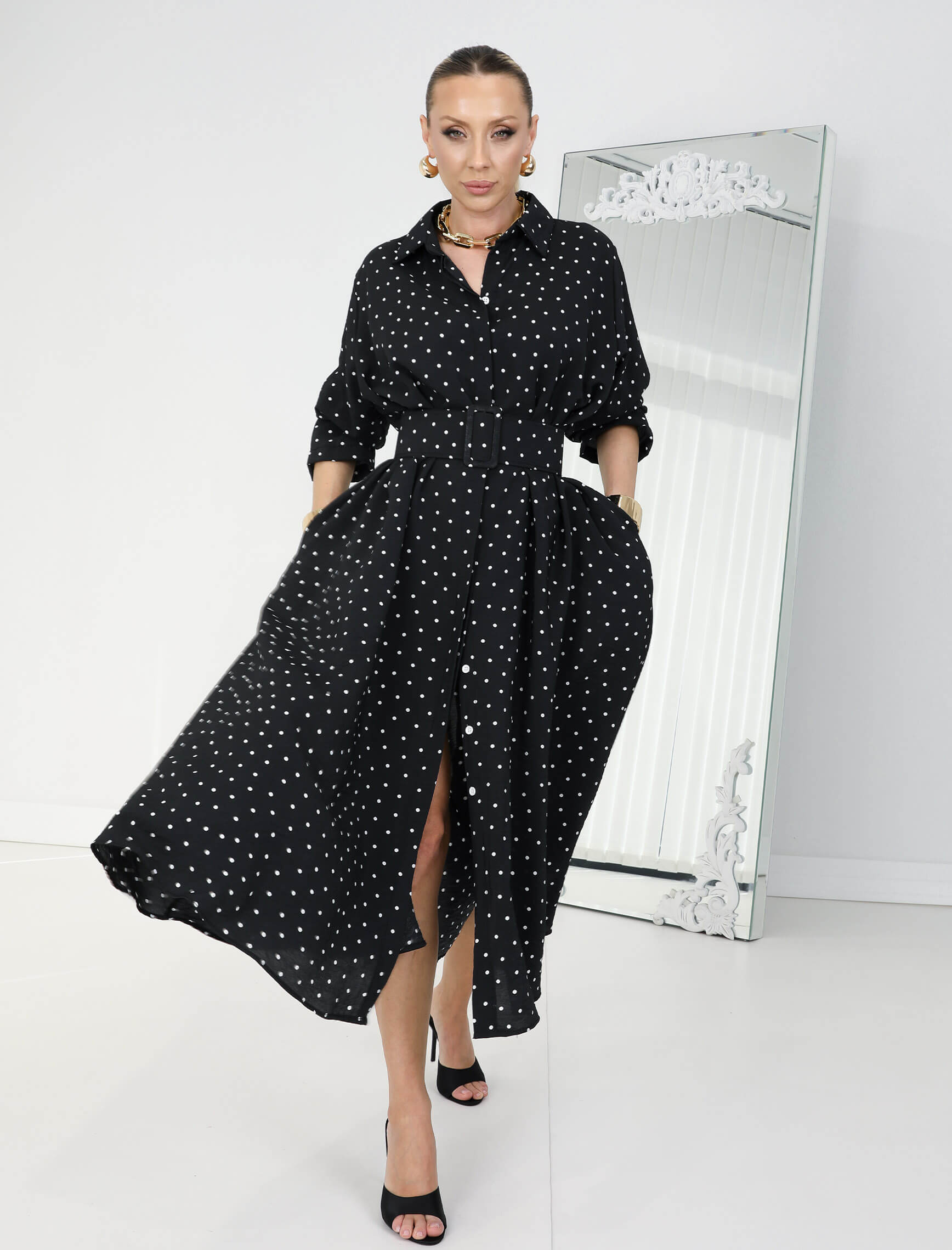 Siyah Beyaz Puantiye Rosso Elbise