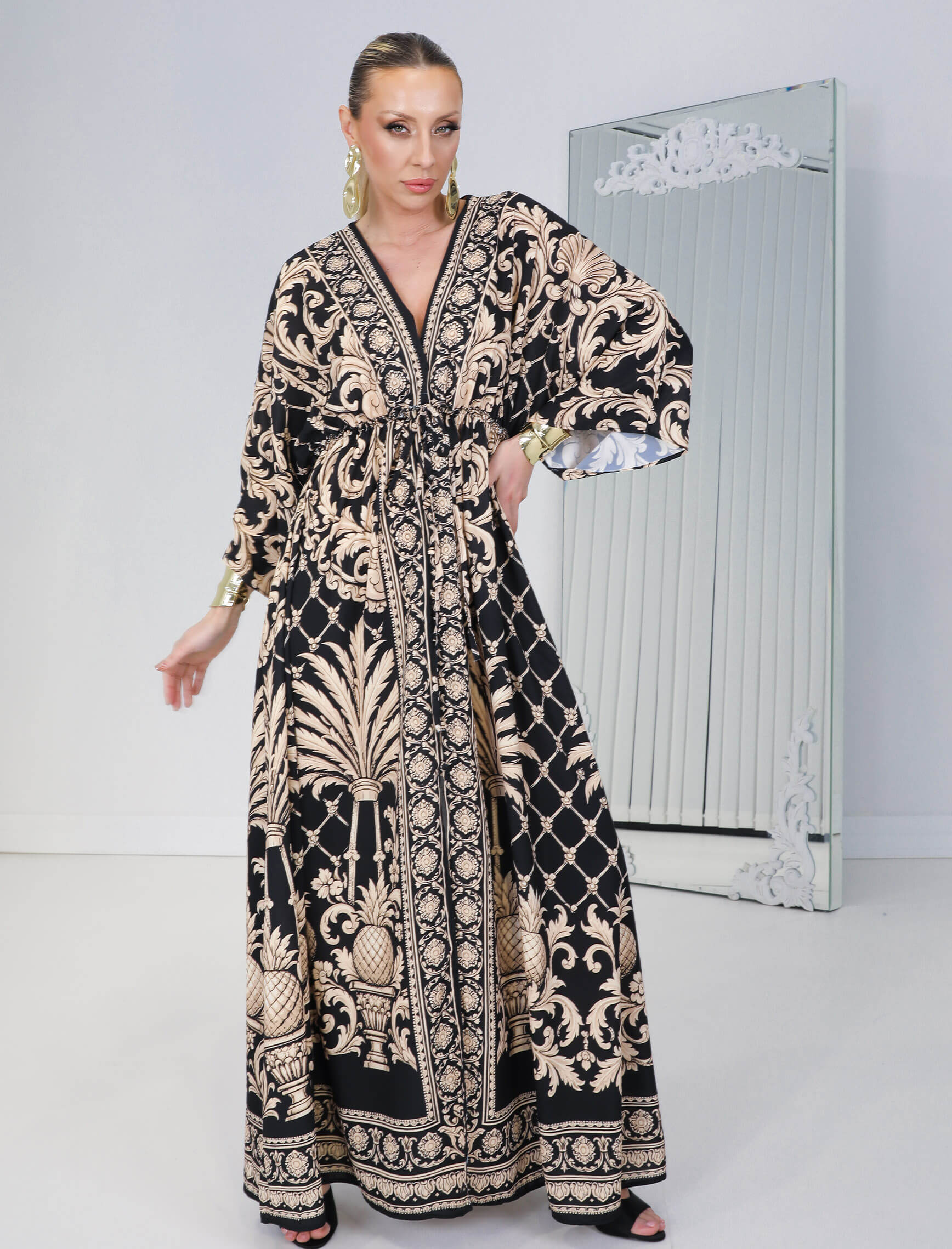Siyah Gold Palm Baroc Elbise