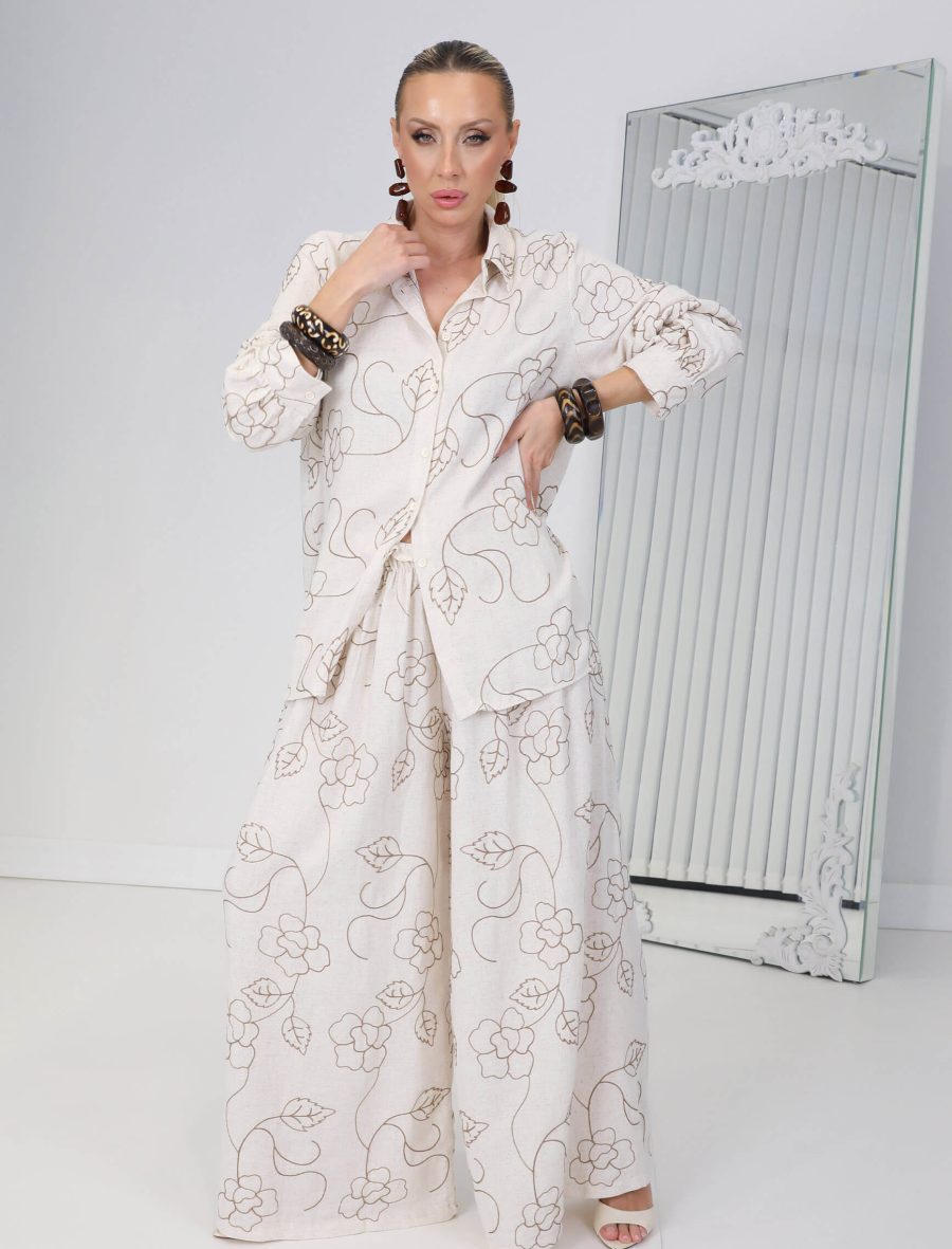 Ekru Yaprak Çiçek Sahara Takım