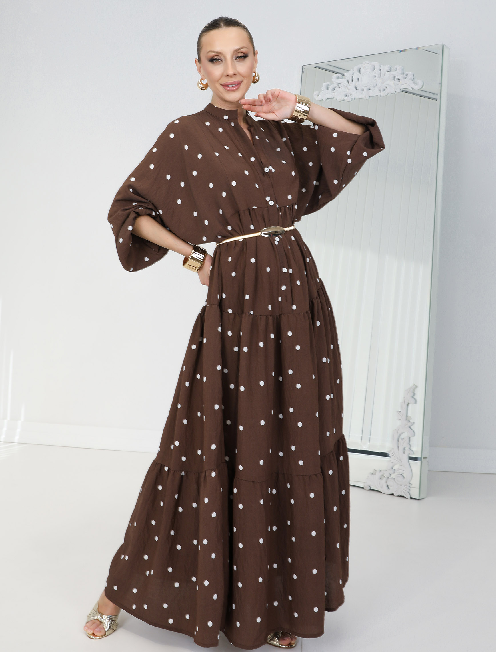 Kahve Ekru Puantiye Rita Elbise