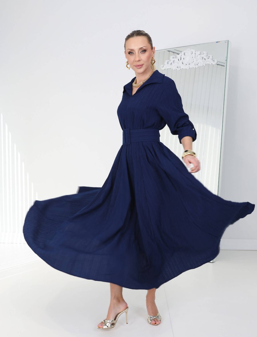Lacivert Omnia Gofre Elbise