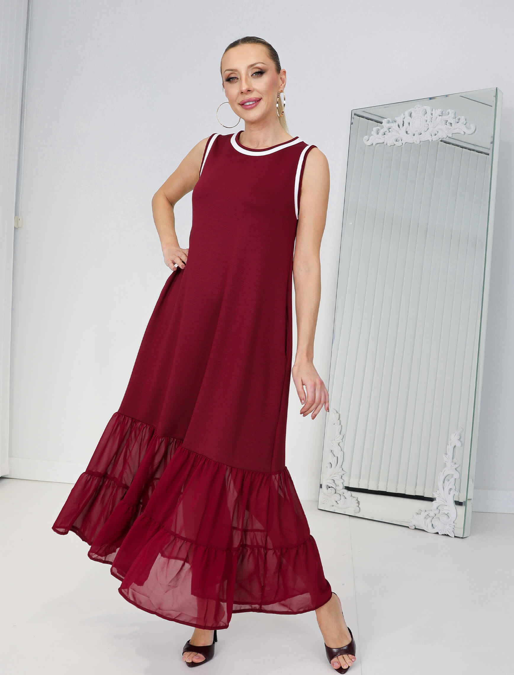 Bordo Beyaz Biye Şifon Etek Elbise