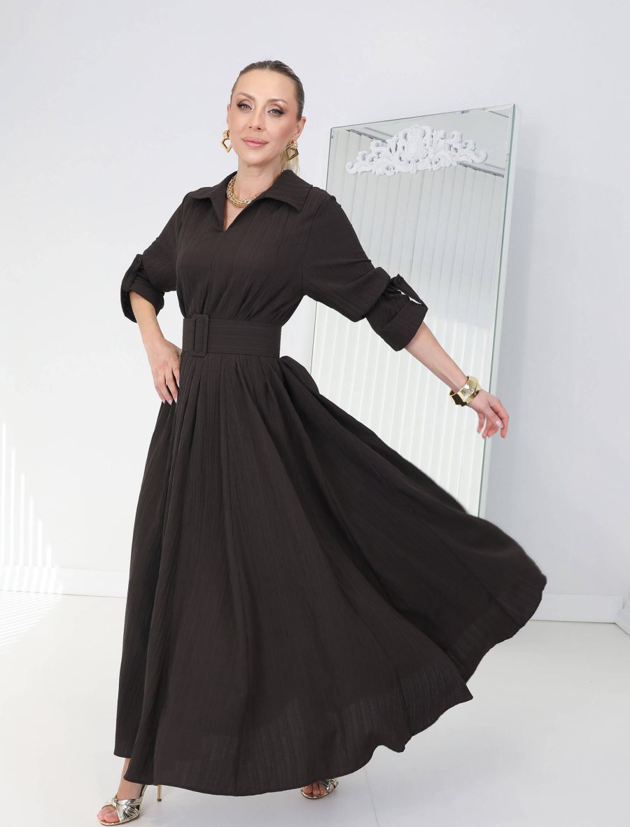 Kahverengi Omnia Gofre Elbise