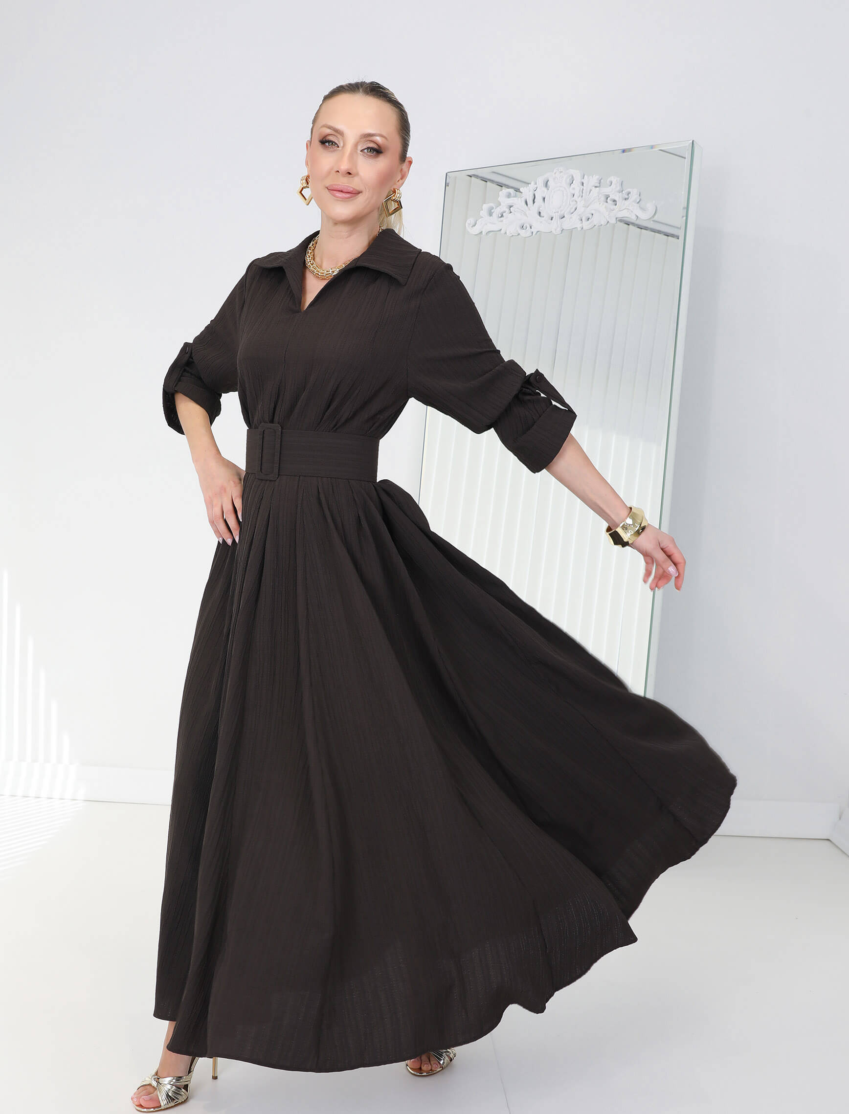 Kahverengi Omnia Gofre Elbise