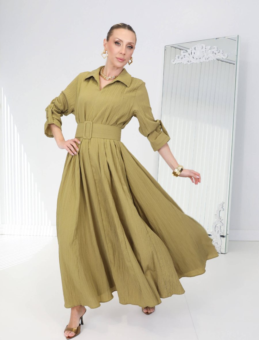 Yağ Yeşili Omnia Gofre Elbise