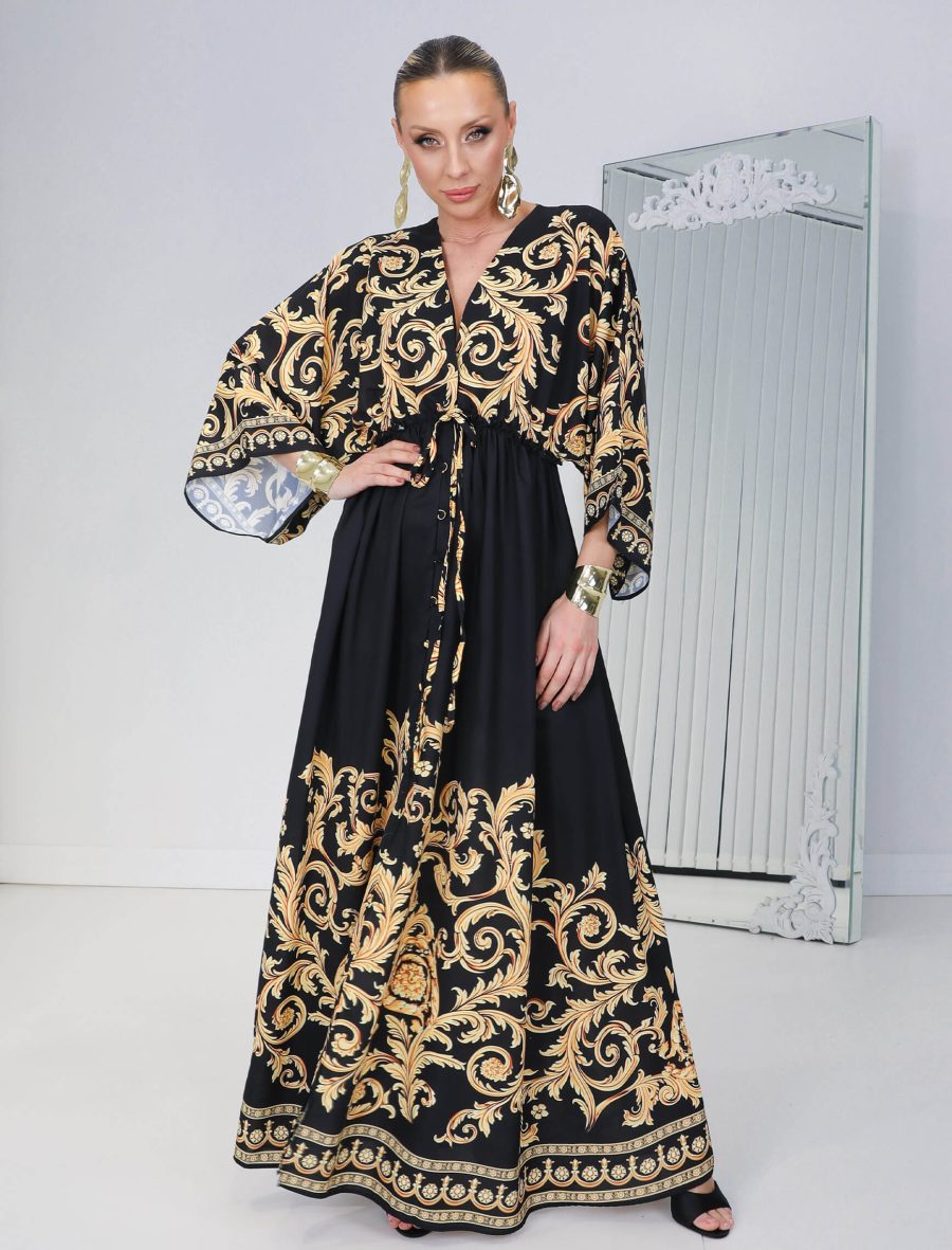 Siyah Gold Damask Baroc Elbise